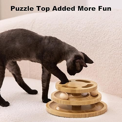 Miniatura 3 de Juguete de pista de bolas para gatos con parte superior de rompecabezas, juguetes de madera para gatos de interior con bolas giratorias, torre