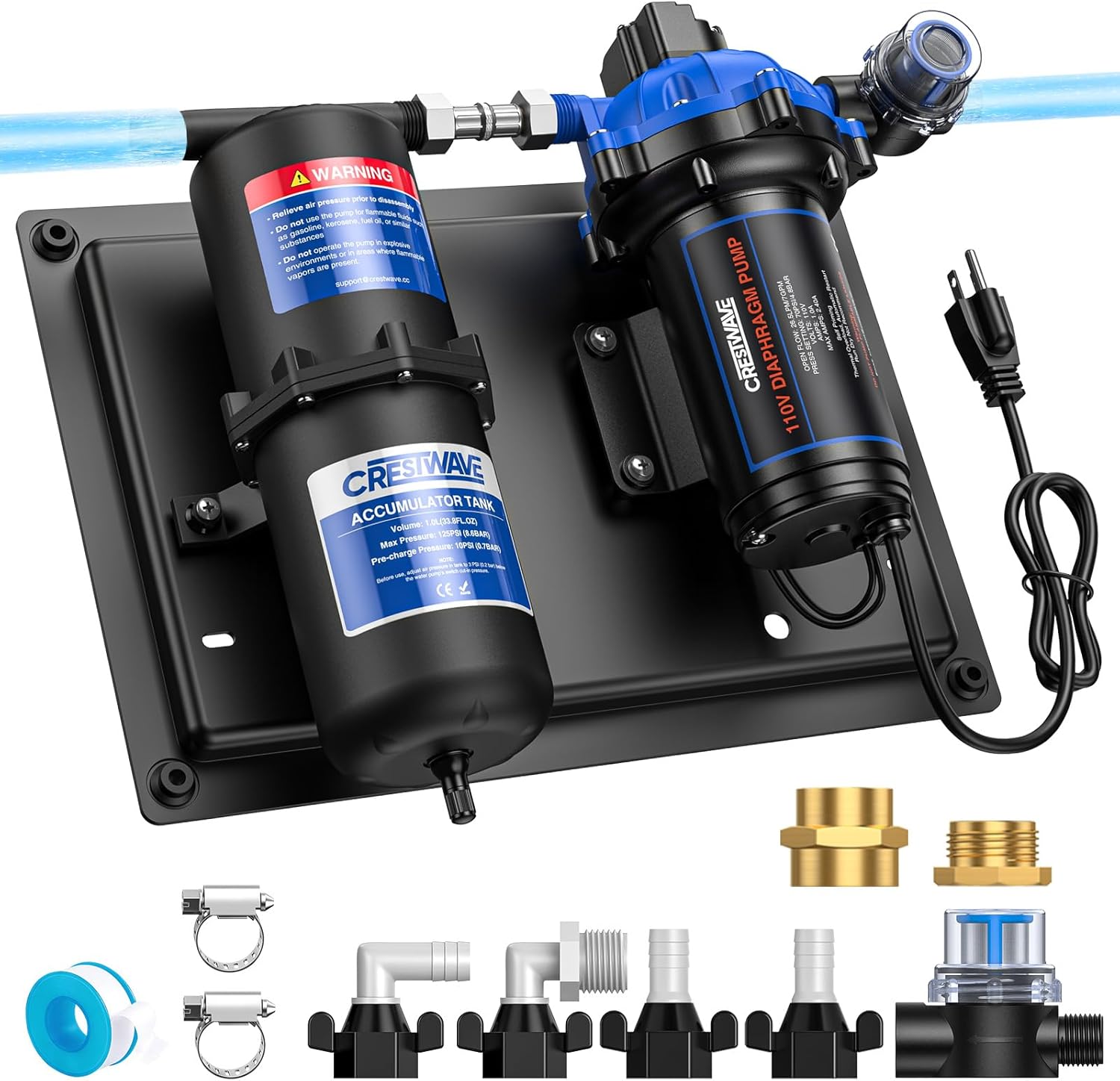 CrestWave 110V AC RV Water Pump 7GPM 70PSI w/ 1L Accumulator Tank – Includes 3/4'' Garden Hose Adapter, Quiet Transfer Pump Set for Off Grid, Camper, Home, Irrigation & Industrial