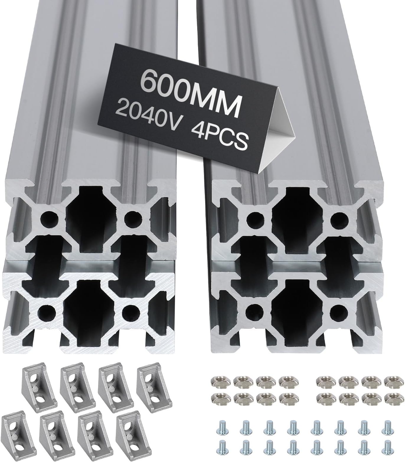 4pcs 600mm V Slot 2040 Aluminum Extrusion European Standard Anodized Linear Rail for 3D Printer Parts and CNC DIY Silver