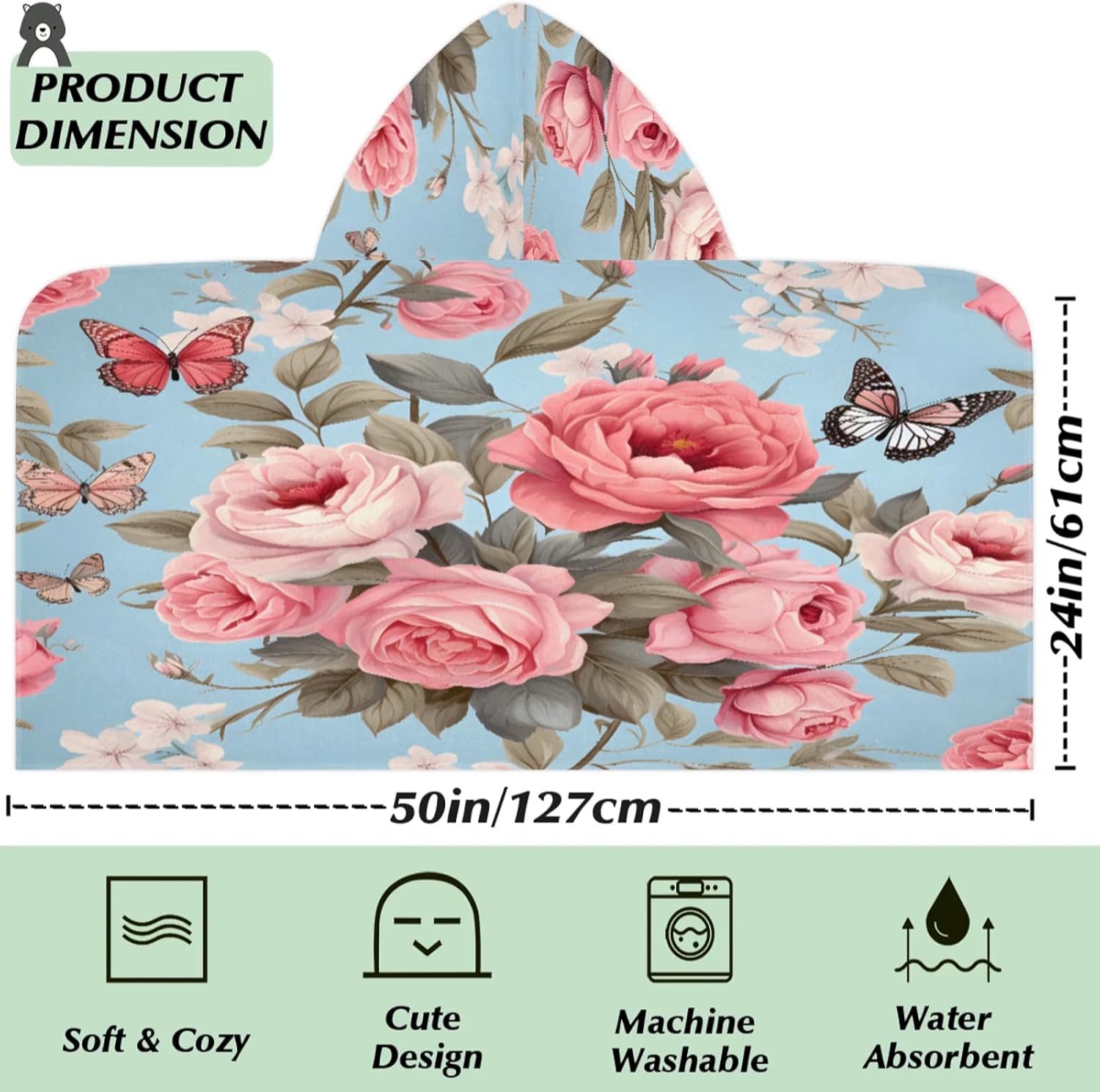 Rose Romance Hooded Towels for Kids Absorbent Soft Pool Swim Beach Bath Towel for Boys Girls, 24 in x 50 in
