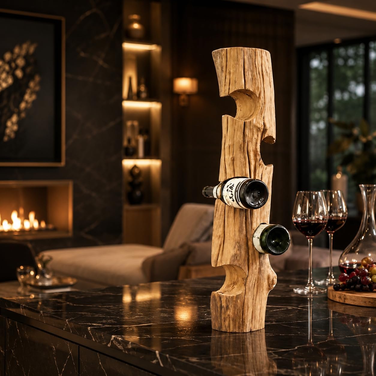 KENYON luxuriöses Weinregal aus Premium-Qualität Teakholz | Handgefertigtes Treibholz-Weinregal für 5 Flaschen – Exklusiv Weinflaschenhalter Holz als dekorativer Weinständer (75×14×14 cm)