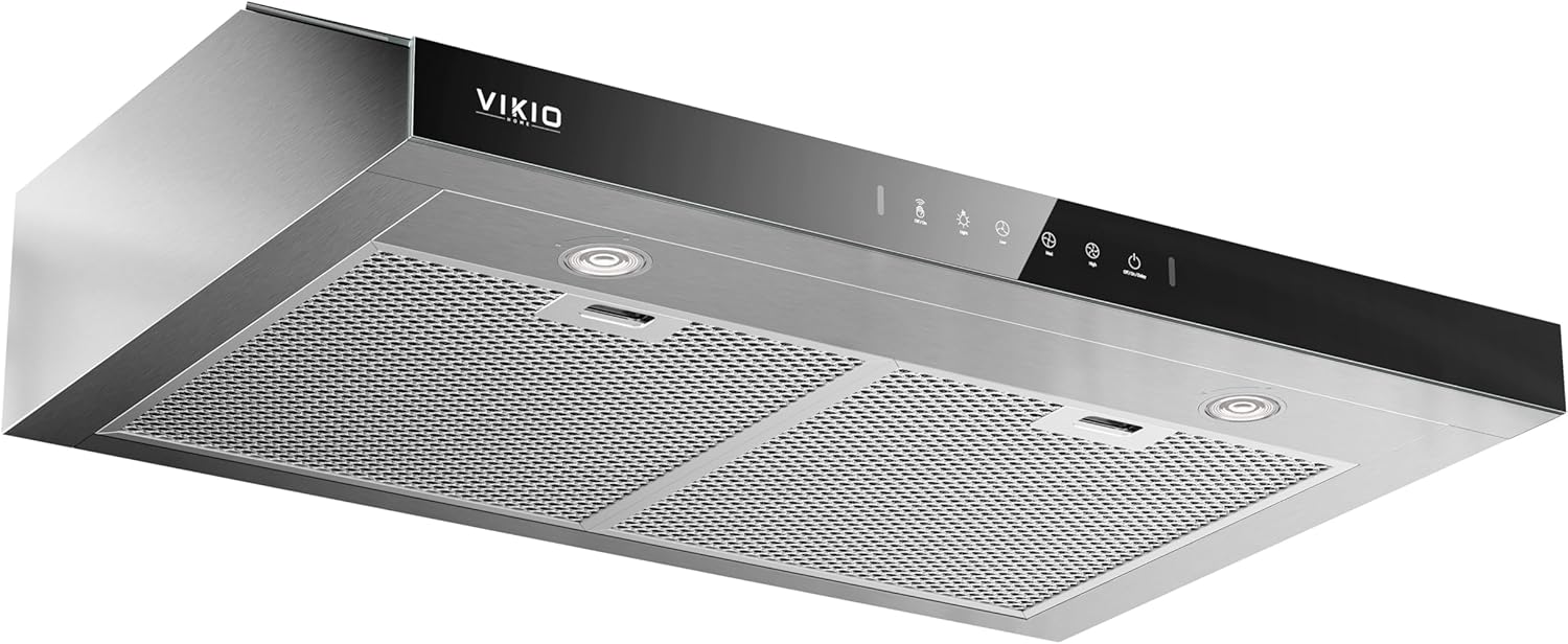 VIKIO HOME Under Cabinet Range Hood 30 Inch, 900 CFM Dual Centrifugal Motor, 3-Speed Ducted Kitchen Vent, Reusable Filters, Stainless Steel Kitchen Hood with LED Lights, Low Noise, Glass Black