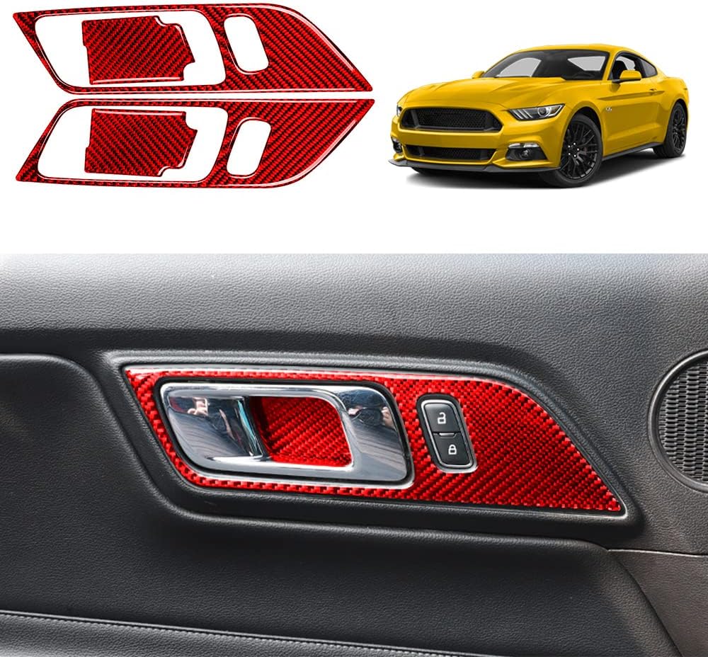 Carbon Fiber Inner Door Handle Sticker Trim Decals Interior Accessories for Ford Mustang 2015 2016 2017 2018 2019 2020 2021 2022(4PCS Red)