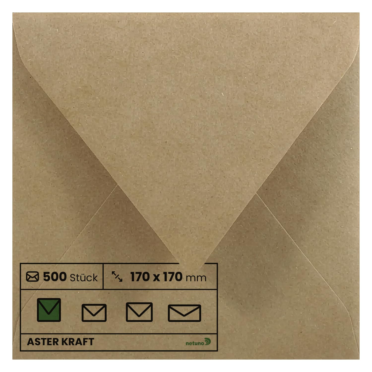 Netuno 500 kwadratowych kopert z papieru typu kraft, 17 x 17 cm, 100 g, aster, brązowe, koperty w stylu vintage, kwadratowe, zaproszenia, wesele, Boże Narodzenie, urodziny, koperty na listy, papier