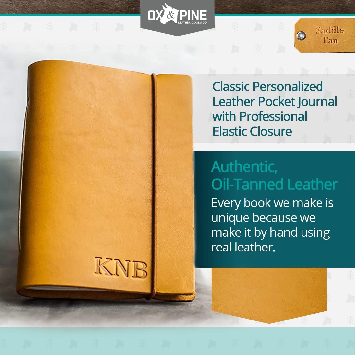 Ox & Pine Classic Personalized Leather Pocket Journal with Professional Elastic Closure - Custom Notebook 5”x 3.5” - Saddle Tan - Unlined Paper