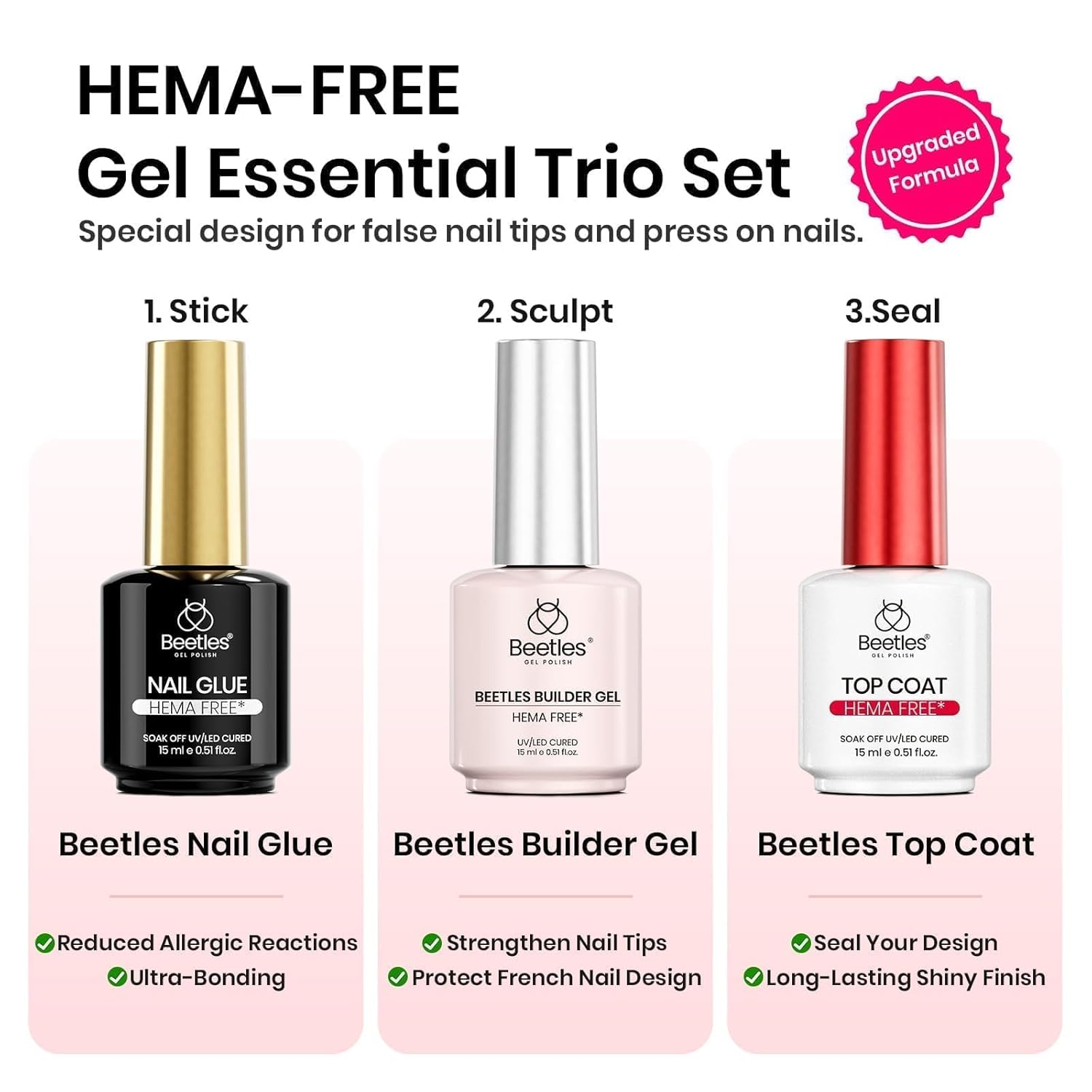 Beetles 4Pcs Hema Free Nail Extension Kit, 15ml Gel Nail Glue, No Wipe Top Coat, Builder Nail Gel & Liner Brush, Long Lasting for Clear Press-On Nails, DIY Home Gift for Women, U V Light Required