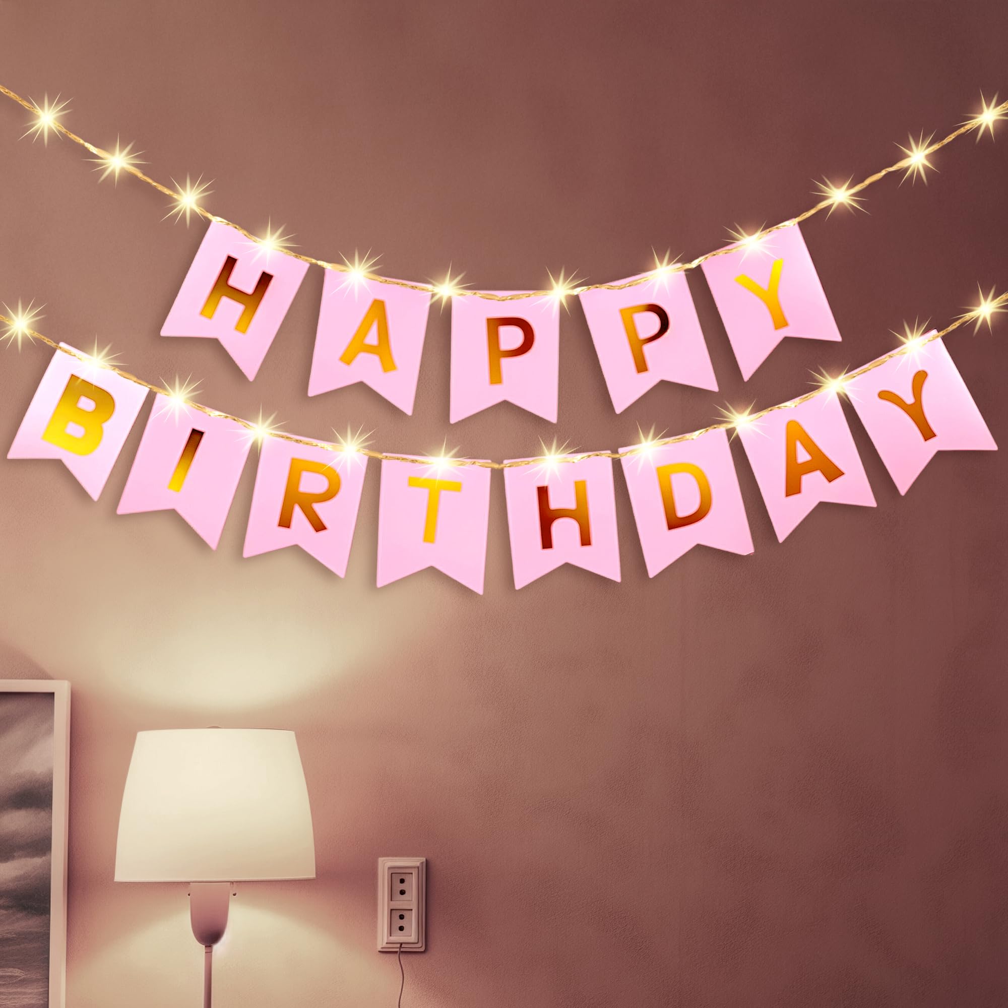Party Propz Happy Birthday Banner – 2pcs, Pink Birthday Banner for Kids, HBD Bunting Banner with 3M Warm String Lights, Banners for Boys and Girls (Cardstock)