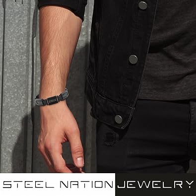 Men'sBlack and Stainless Steel Link Bracelet with Black Satin Finish - 8-1/2
