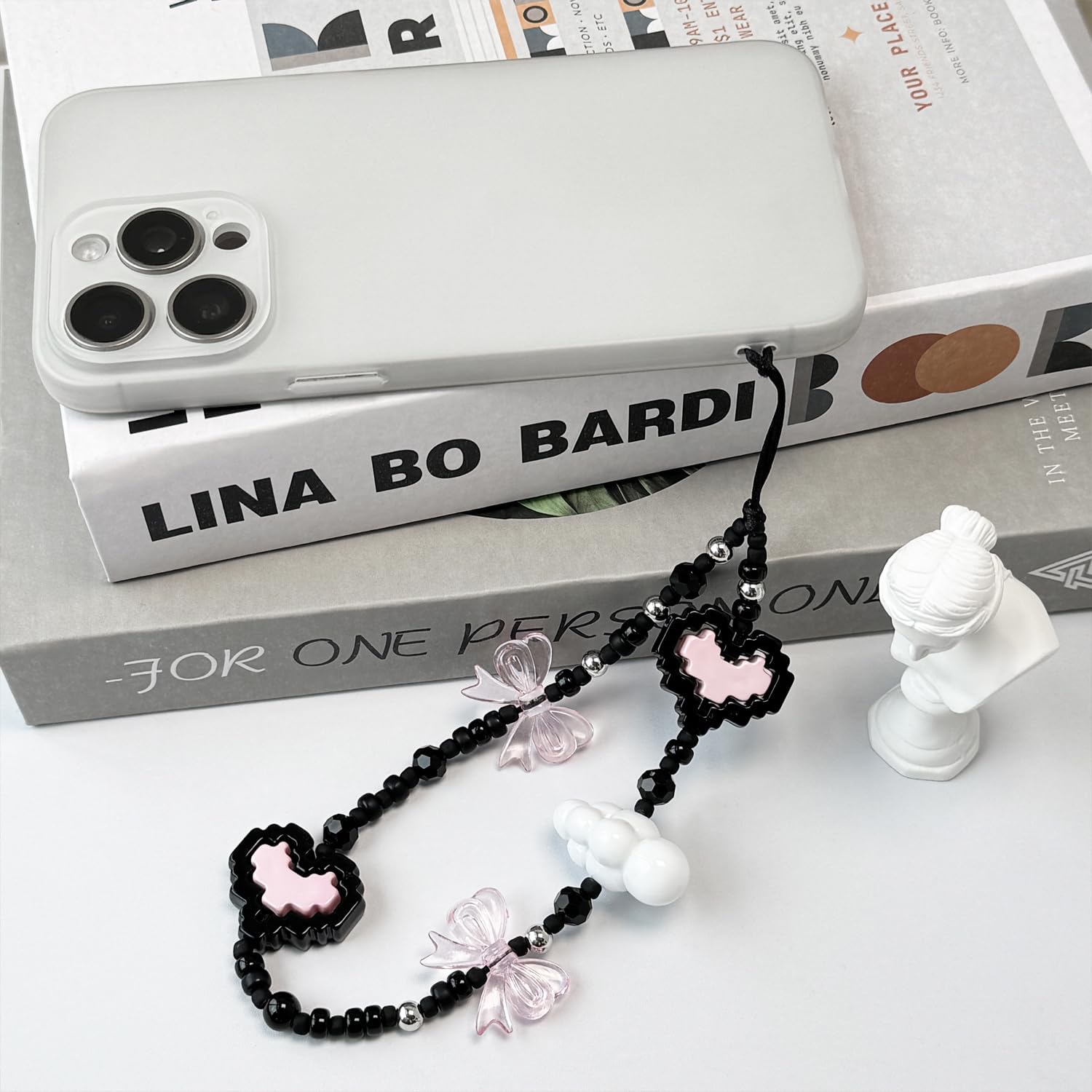 Y2K Pixel Heart Bow Beaded Phone Charm Aesthetic Handmade Acrylic Wrist Strap Camera Lanyard for Women Girls