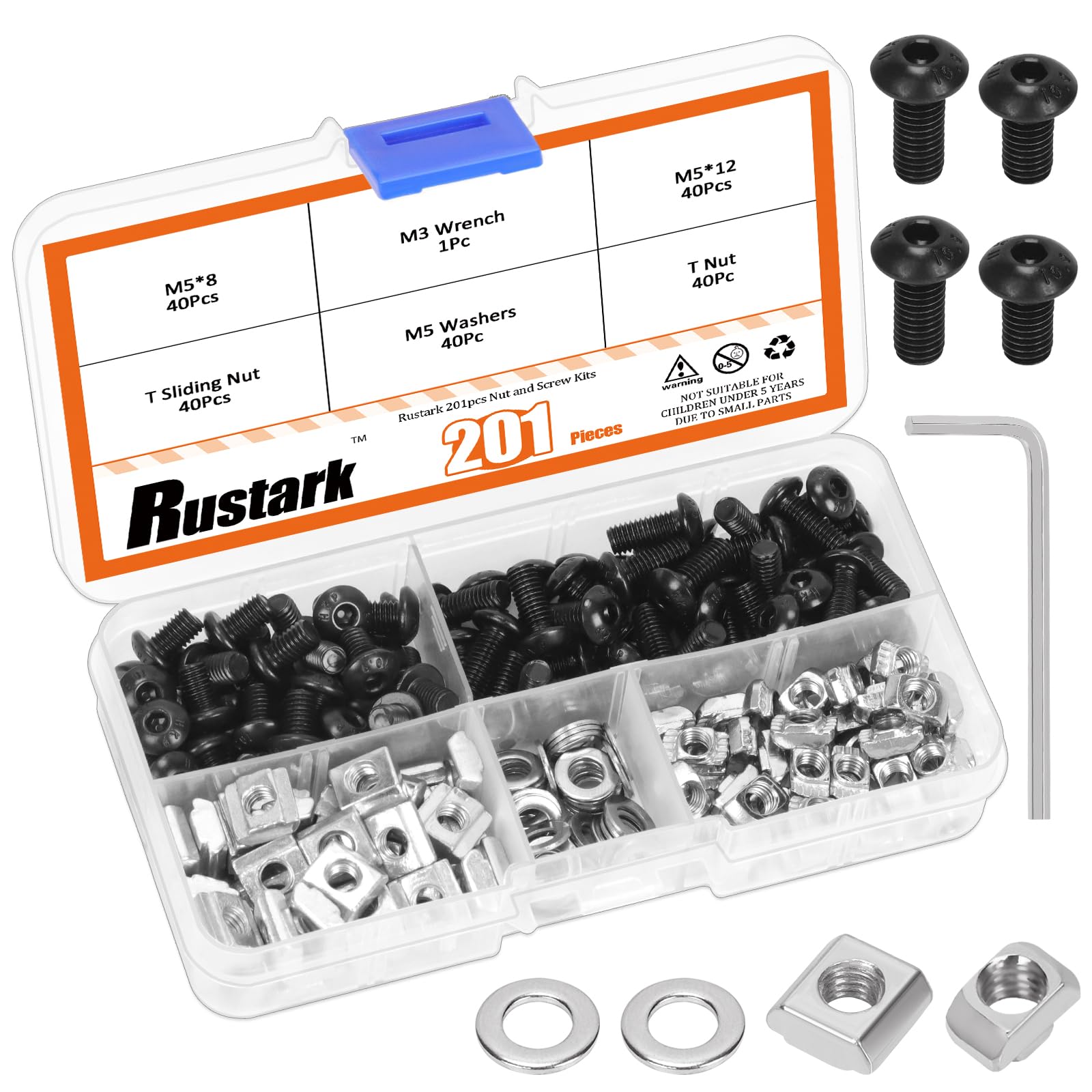 Rustark 201Pcs 2 Sizes Black M5 T-Nuts Screws Assortment Kit Hammer Head T-Slot Nut T Nut and Screw Kits T Nuts Screws T Slot Nut Head Fastener T Sliding Screw Stud for 2020 Series Aluminum Extrusion