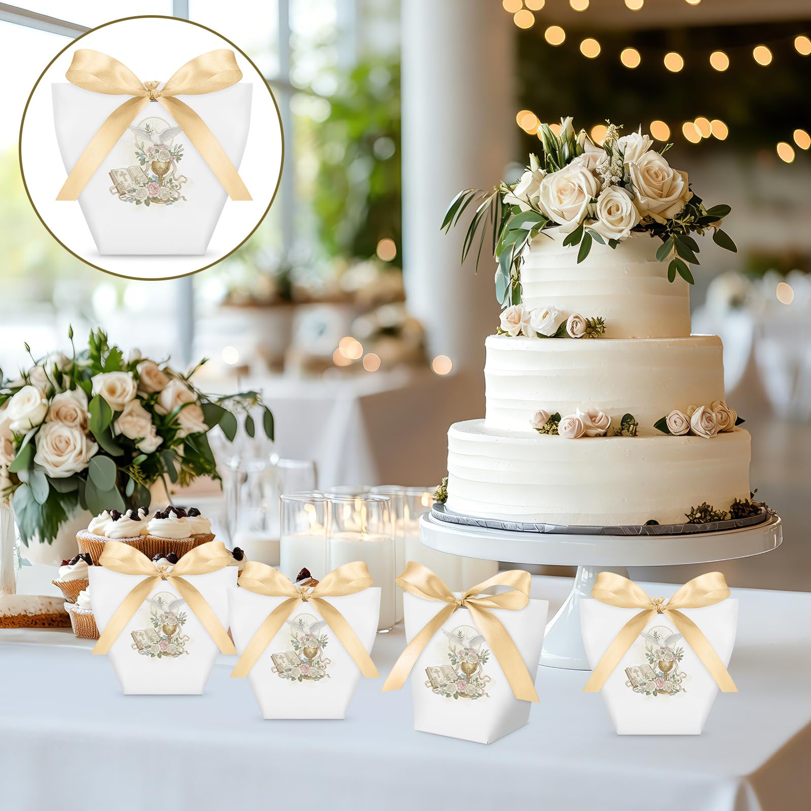 Tenare 50 Pezzi Scatoline Bomboniere Comunione Scatole Portaconfetti Cresima 1 Nastro Dorato Sacchetti Confetti Comunione Regalo per Festa Cresima Battesimo Compleanno Matrimonio
