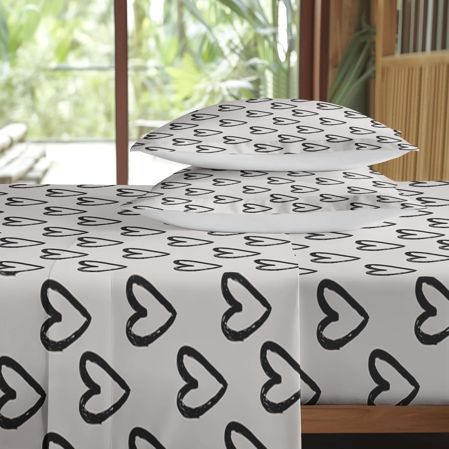 Pamnest Queen Size Bed Sheet Sets, Cute Heart Love Girls Soft Microfiber 4 Pcs Bedding Sets for Kids and Adults Bedroom Bed Decor, White Black Abstract Flat, Fitted Sheet and 2 Pillowcases