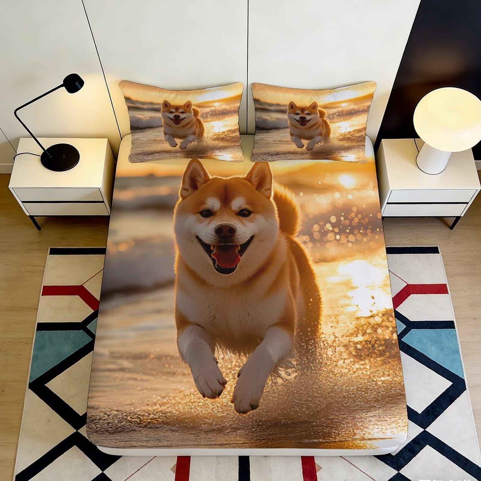 3D Printed Shiba Inu Beach Fitted Sheet Microfiber Anti-Slip Mattress Cover Machine Washable Bedroom Decor 120x200x25cm