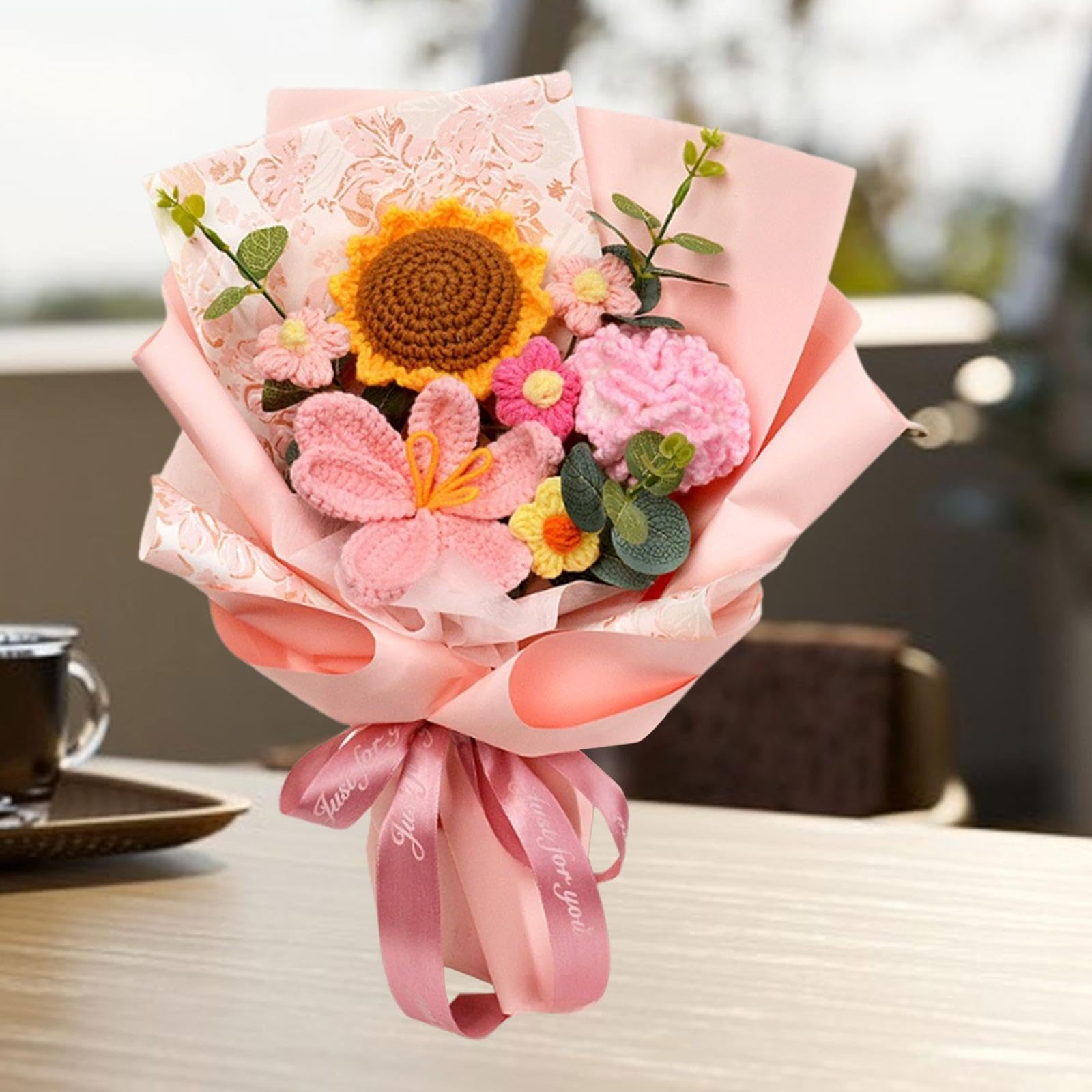 LOVIVER Ouncinetto Flower Bouquet Regalo per la festa della mamma dalla figlia Son Artificial Home decorazioni a maglieria per Mom Donne, Garofano Rosa