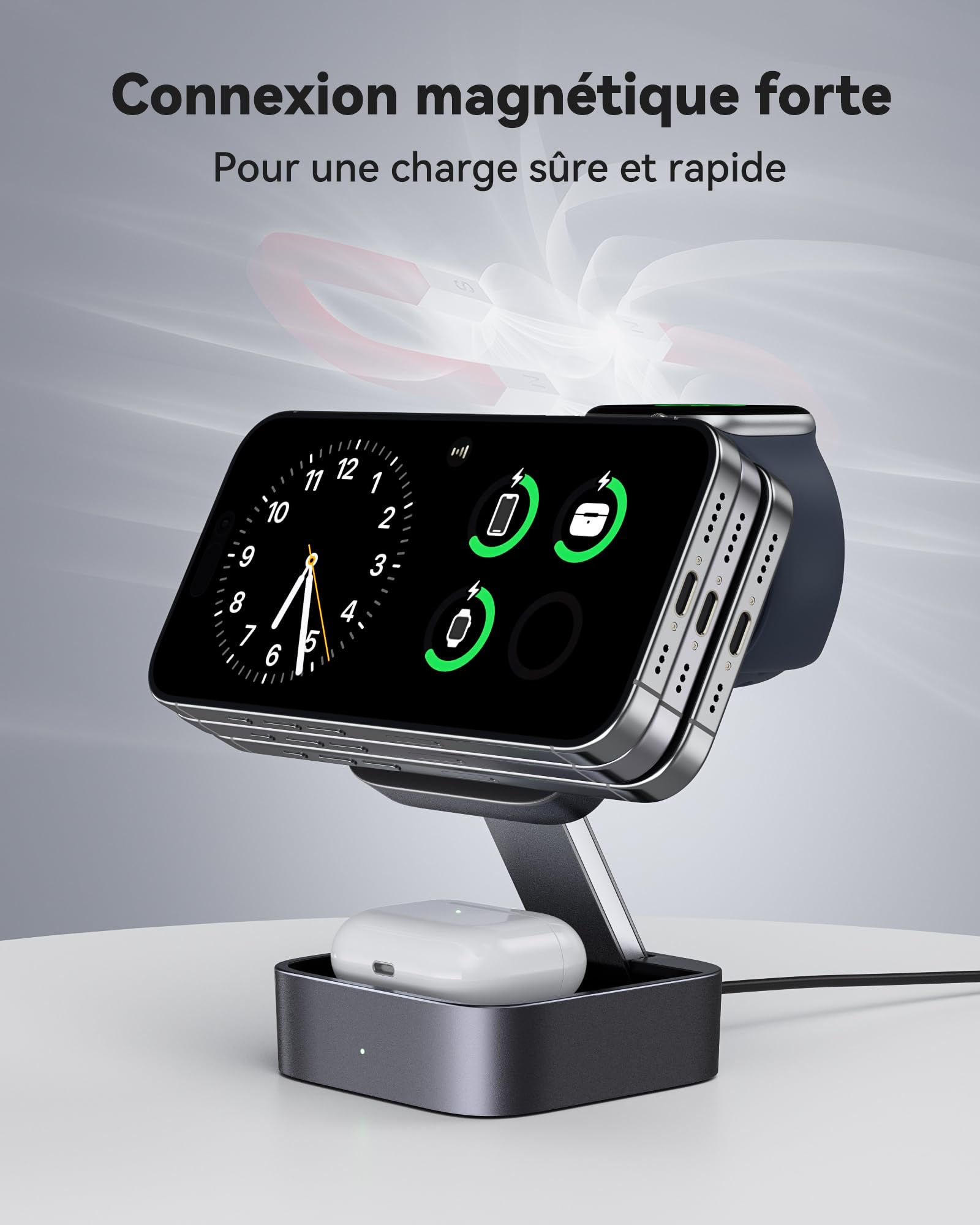 3-en-1 Station De Recharge pour Apple, Magnétique Pliable Rapide Chargeur de Voyage Compatible Mag-Safe pour iPhone 17e/17/16/15/14/13/12/Air Série, Apple Watch & Air-Pods Pro/4/3/2