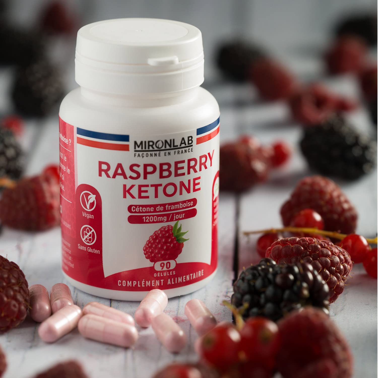 Raspberry Ketone Pure - Chetoni esogeni di lampone - Alto dosaggio : 1200mg Testato - Ideale per la gestione del peso - Maggiore efficienza con la fibra di acacia - 90 capsule - MIRONLAB