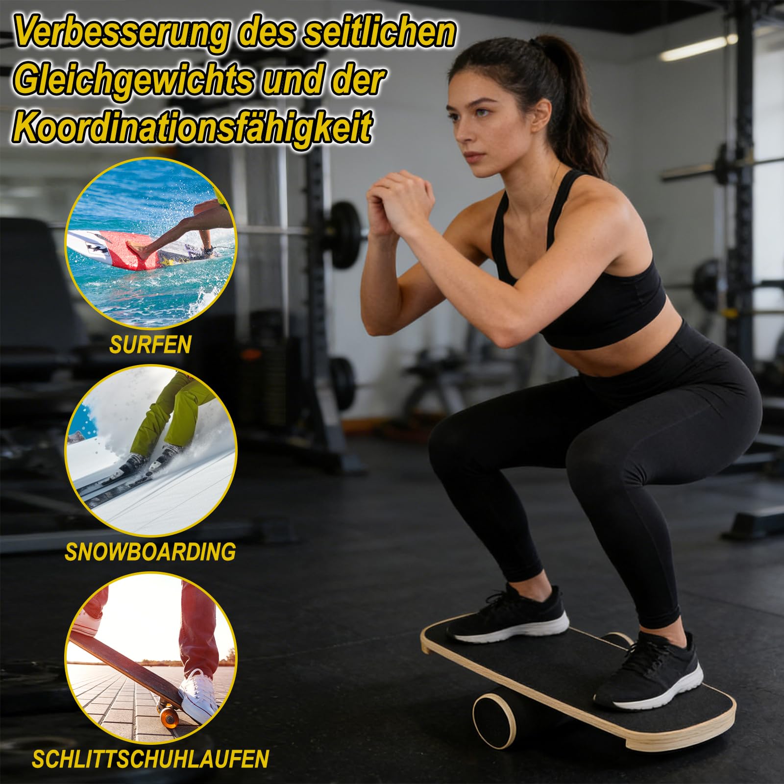 Balance Board, Balance Board Roller Holz Trainer, Holz-Gleichgewichtsboard mit verstellbaren Stoppern und Korkrolle, Board für Gleichgewichtstraining, Koordination, Home Fitness
