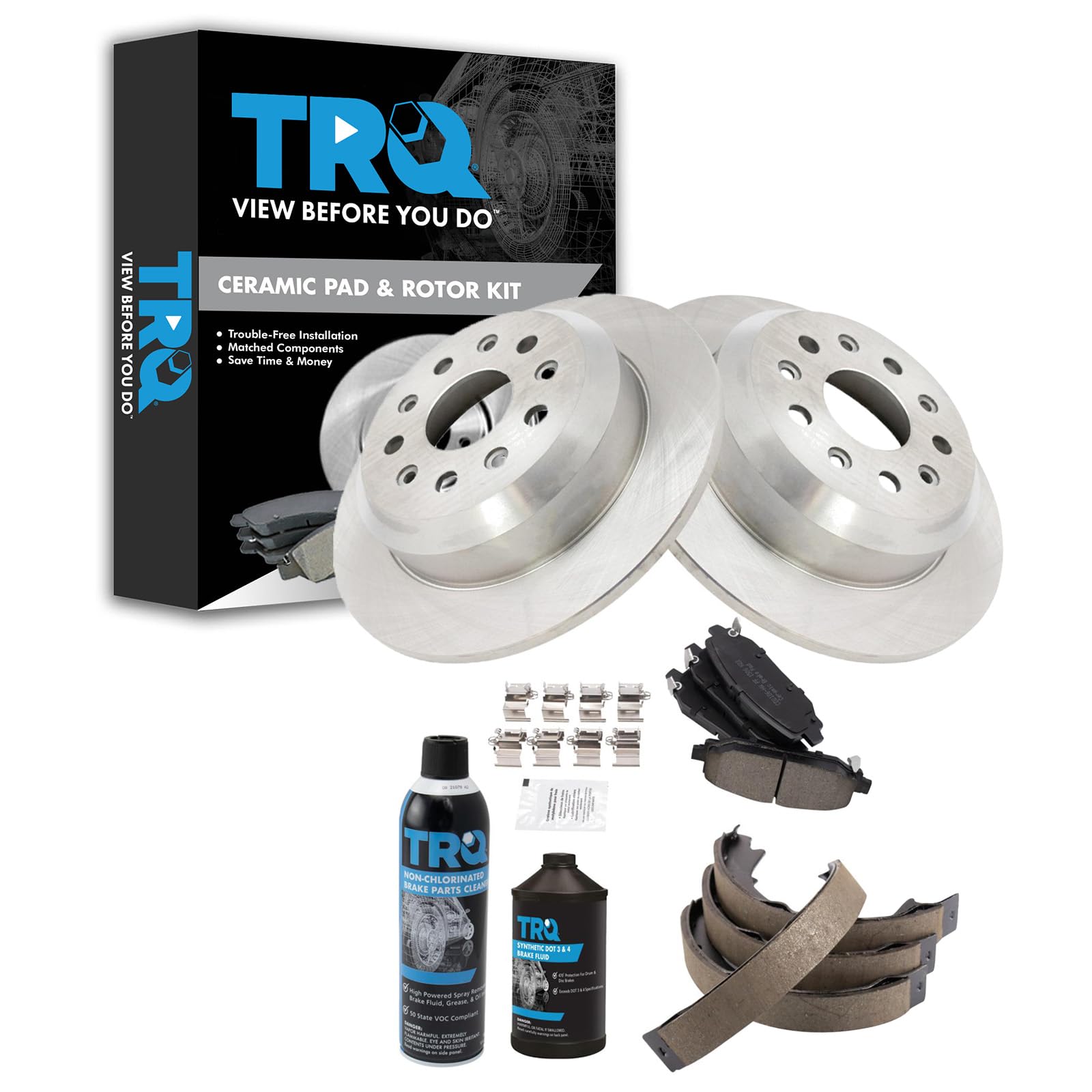TRQ Rear Brake Pad &amp; Rotor Kit, with Chemical Kit Parking Brake Shoe Set Ceramic Compatible with 2018-2021 Jeep Wrangler