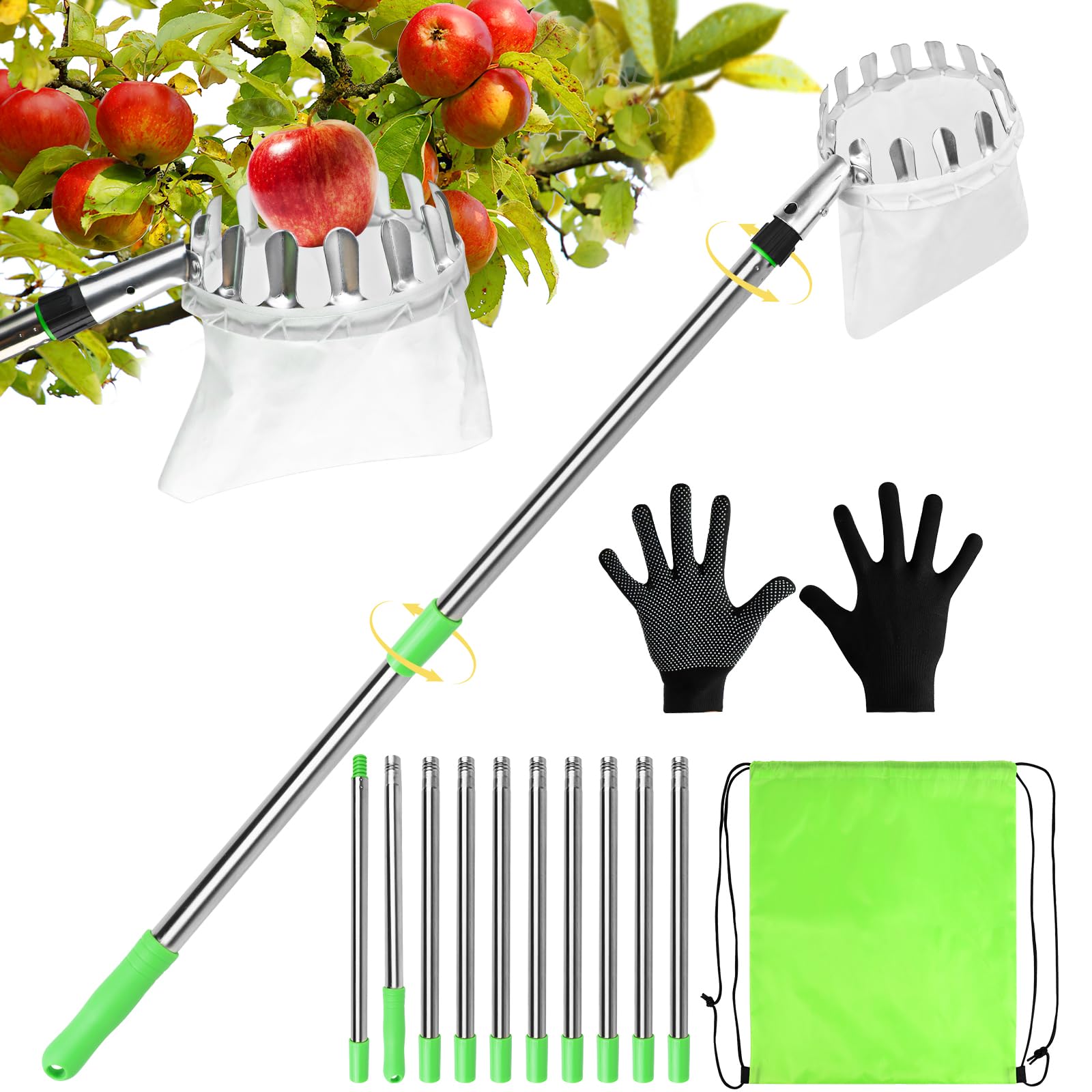 PRZRAO 4m Recogedor de Frutas con Telescópico, Recogedor de Frutas Diámetro 16 cm Recogedor de Manzanas con Pértiga Telescópica Ligera de Acero Inoxidable y Bolsa de Algodón para Manzanas Cítricos