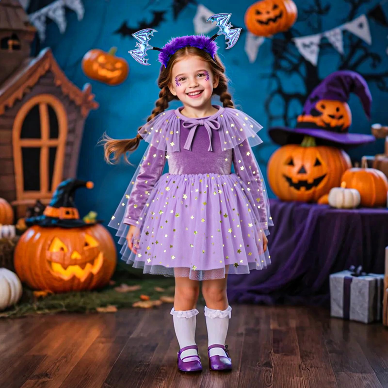 TAGVO Costume da Strega Halloween per Bambina, Ragazze Principessa Vestito Strega Viola Poncho Cappuccio Capo Paillettes Tulle Abiti serbatoio per bambini Halloween fantasia vestire per 1-6 anni
