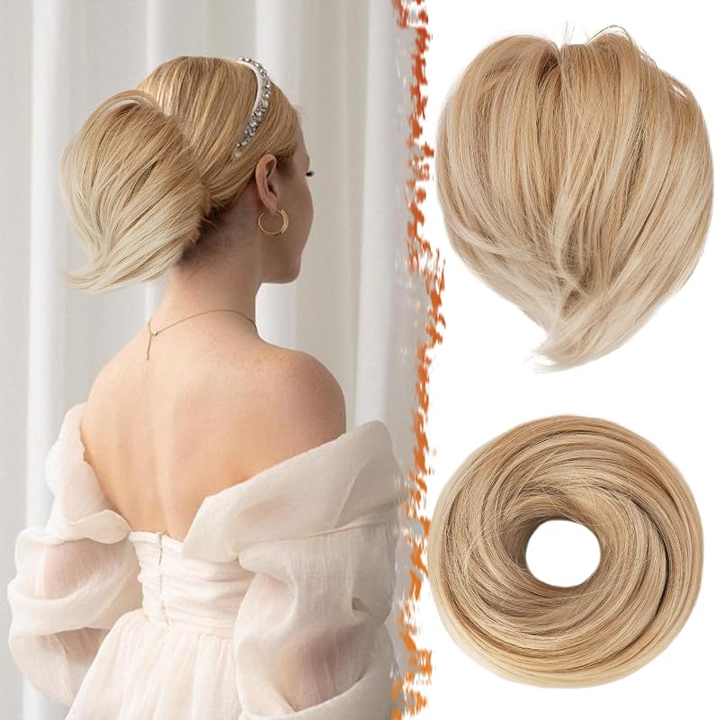 BARSDAR Extensiones de moño de pelo rubio – Extensiones sintéticas totalmente cortas y rectas para moño de cola de caballo para mujeres, elástico rubio desordenado moño Scrunchies postizos diarios – Rubio miel mezclado