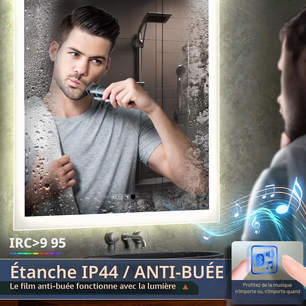 GANPE Miroir de Salle de Bain à LED avec détecteur de Mouvement et Bluetooth, éclairage à intensité Variable, Montage Mural, Anti-buée IP44, étanche à la Verticale et Horizontale (70_x_90_cm)