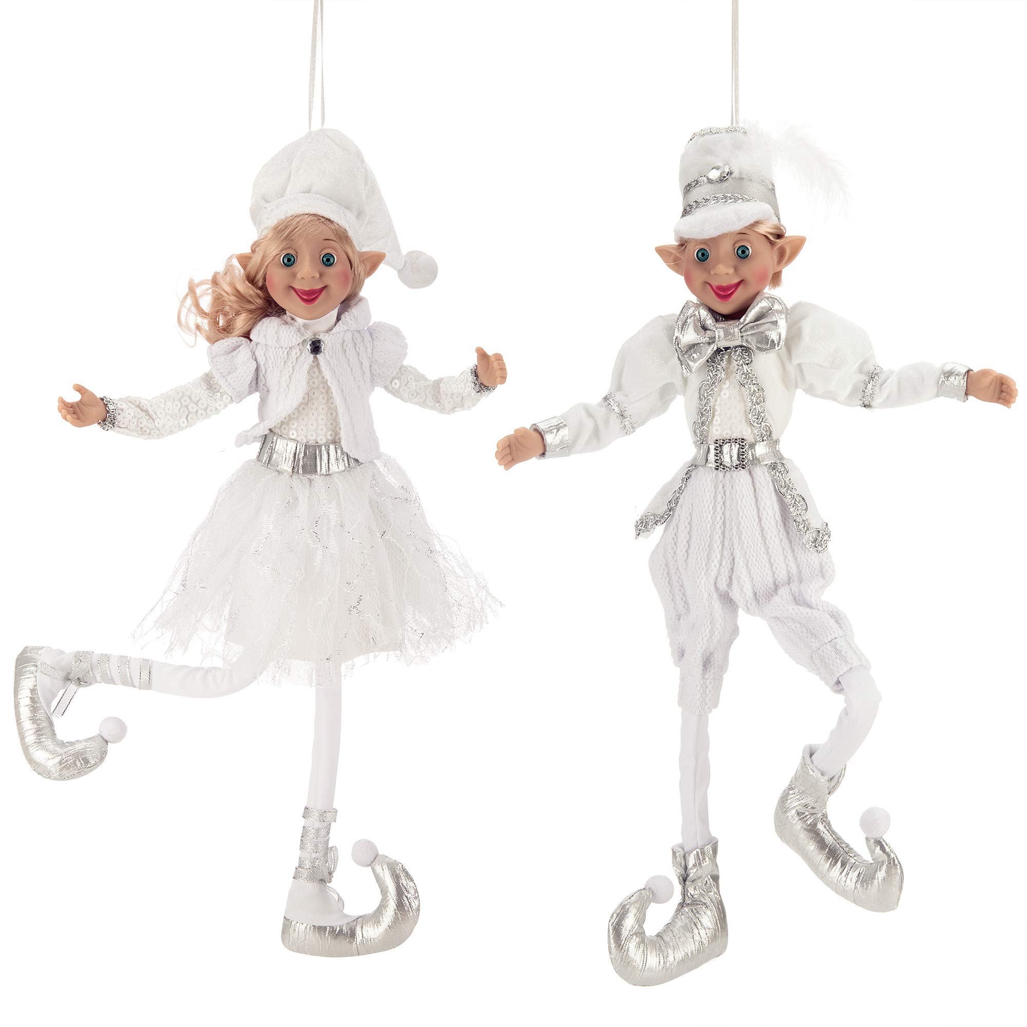 iPEGTOP 26 inch Set of 2 Christmas Posable Elf Adorable Cheer Elves Christmas Tree Ornaments Home Decorative Figure, Snowy White & Silver