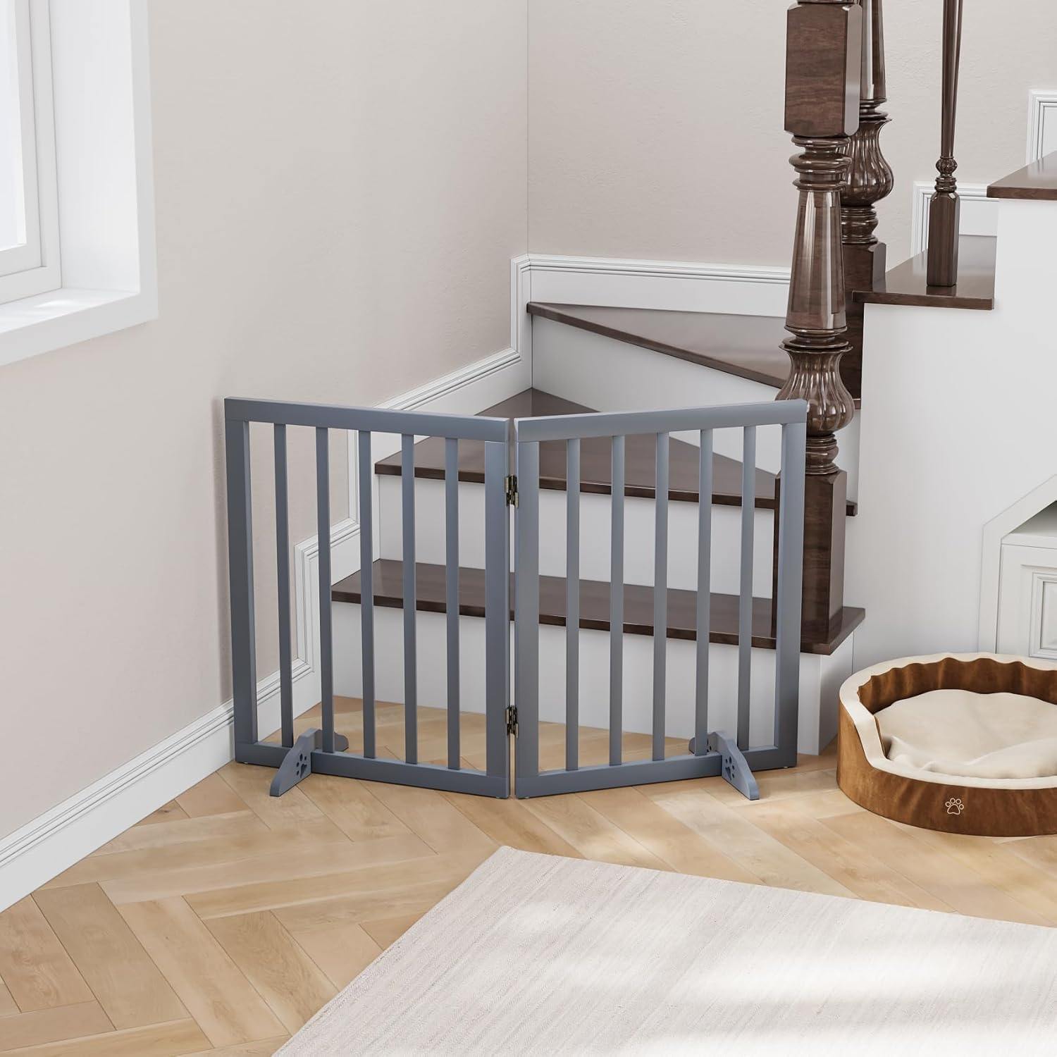 Panel Wooden Pet Gate for Dogs & Cats | Freestanding Foldable Safety Barrier Fence | Indoor Pet Partition for Doorways, Hallways, Stairs & Room Divider | 2 PNL Grey-image-22