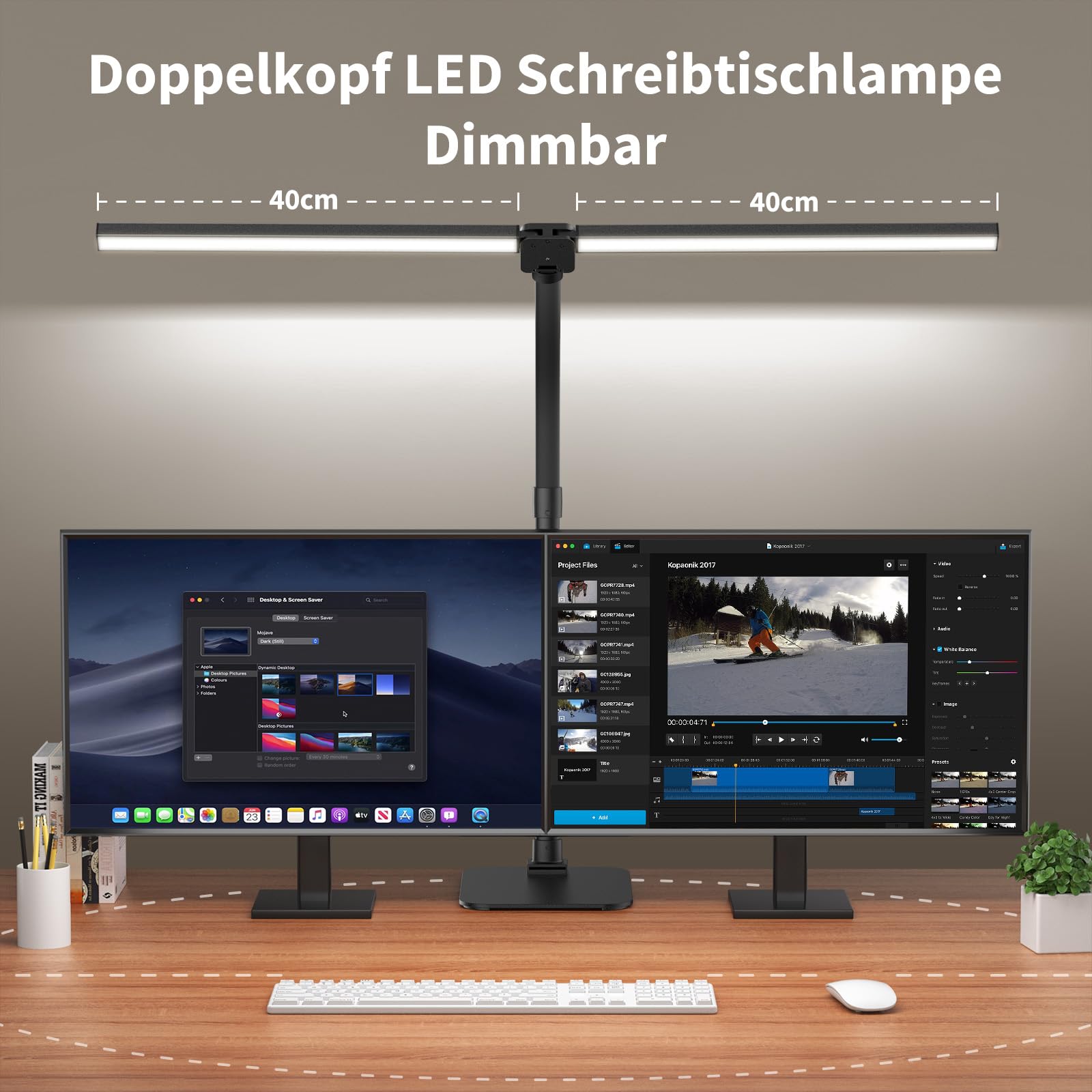 Doppelkopf Schreibtischlampe LED dimmbar, Schreibtischlampen mit Sockel,24W 80cm Tageslichtlampe, Augenpflege 5 Farbtemperaturen 5 Helligkeit, für Arbeit,Haus,Büro,Schlafsaal, Studie,Lesen
