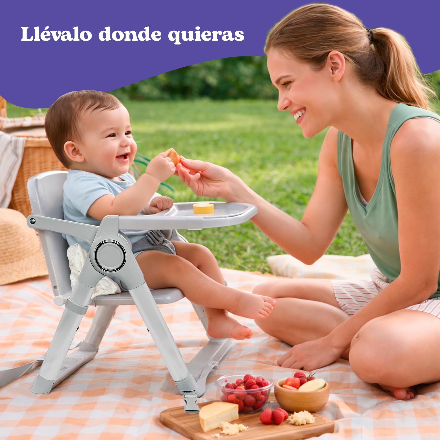 Trona Portátil Plegable Premium para Bebé 2 en 1, Elevador de Silla con Correas de Fijación, 4 Alturas, Bandeja Extraíble, Bolsa de Transporte, 6-36 Meses, hasta 15 kg (GRIS + PLATA)