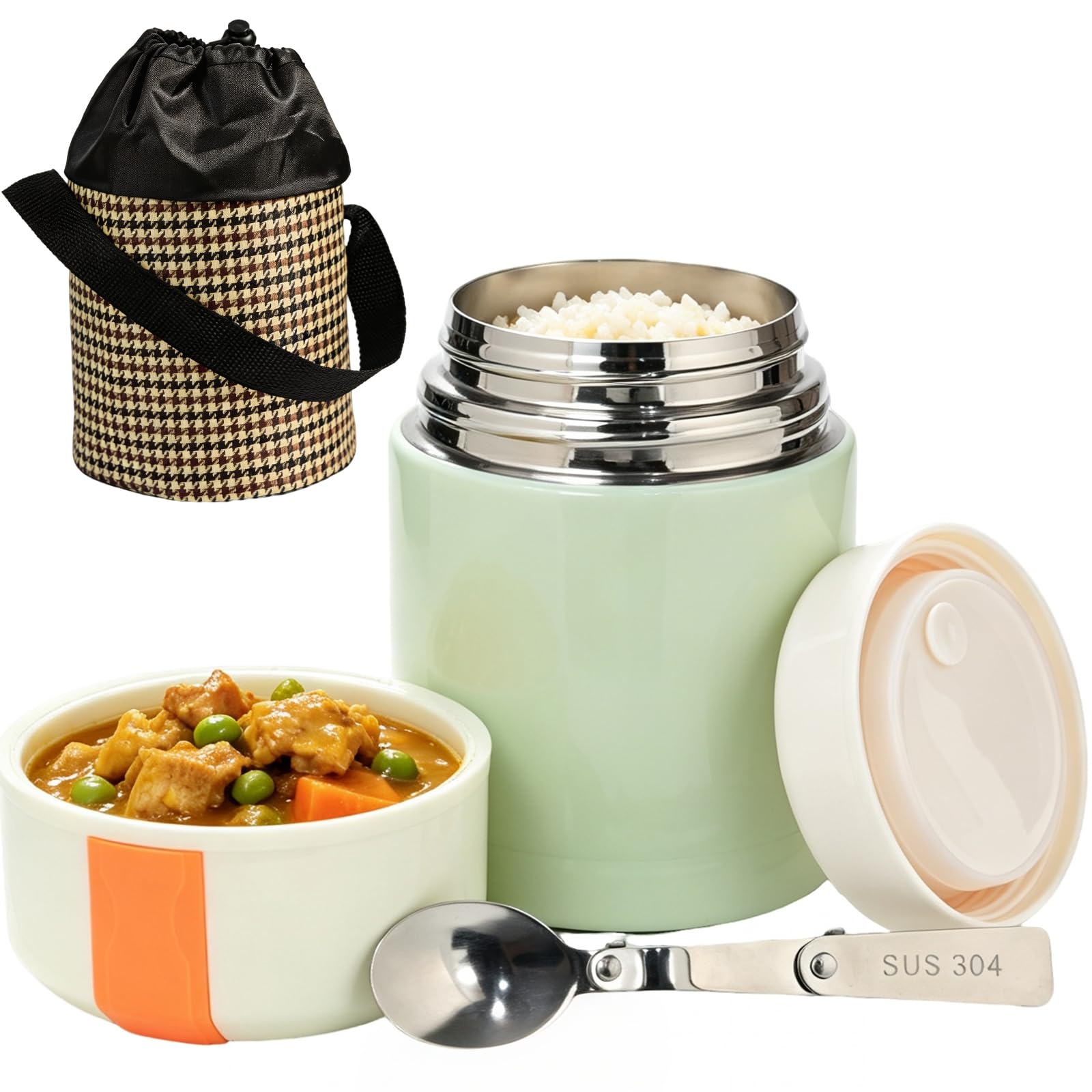 Food Flask - 800ml Portable 316 Stainless Steel Vacuum Insulated Food Thermos, Leakproof Jar with Folding Spoon Tote Bag, BPA Free Keep Warm/Cold Durable Cup for Adults & Fitness Lovers, Green