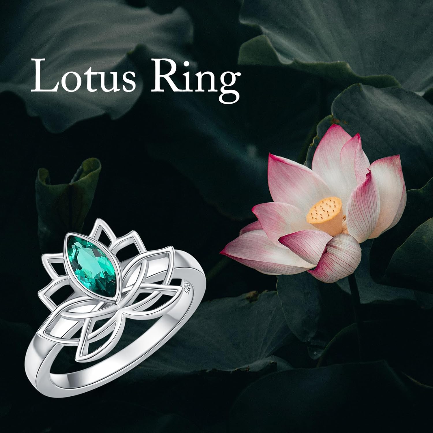 Emerald Lotus Flower Ring for Women 925 Sterling Silver Promise Statement Ring for Mom Wife Her