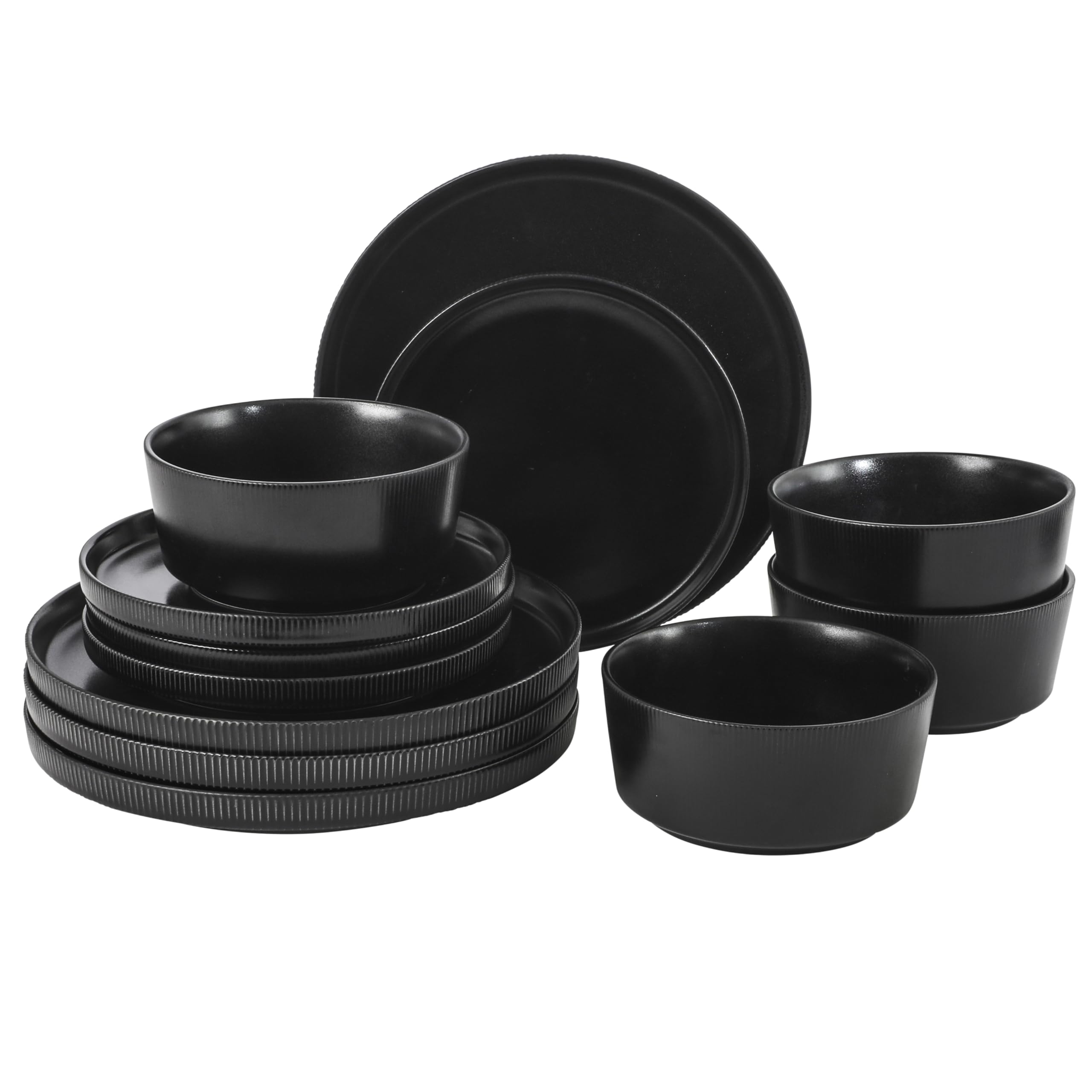 Gibson Home Dempsey Road 12-Piece Stoneware Dinnerware Set – Service for 4, Round Black Plates and Bowls, Durable Solid Color Modern Embossed Dish Set, Microwave &amp; Dishwasher Safe