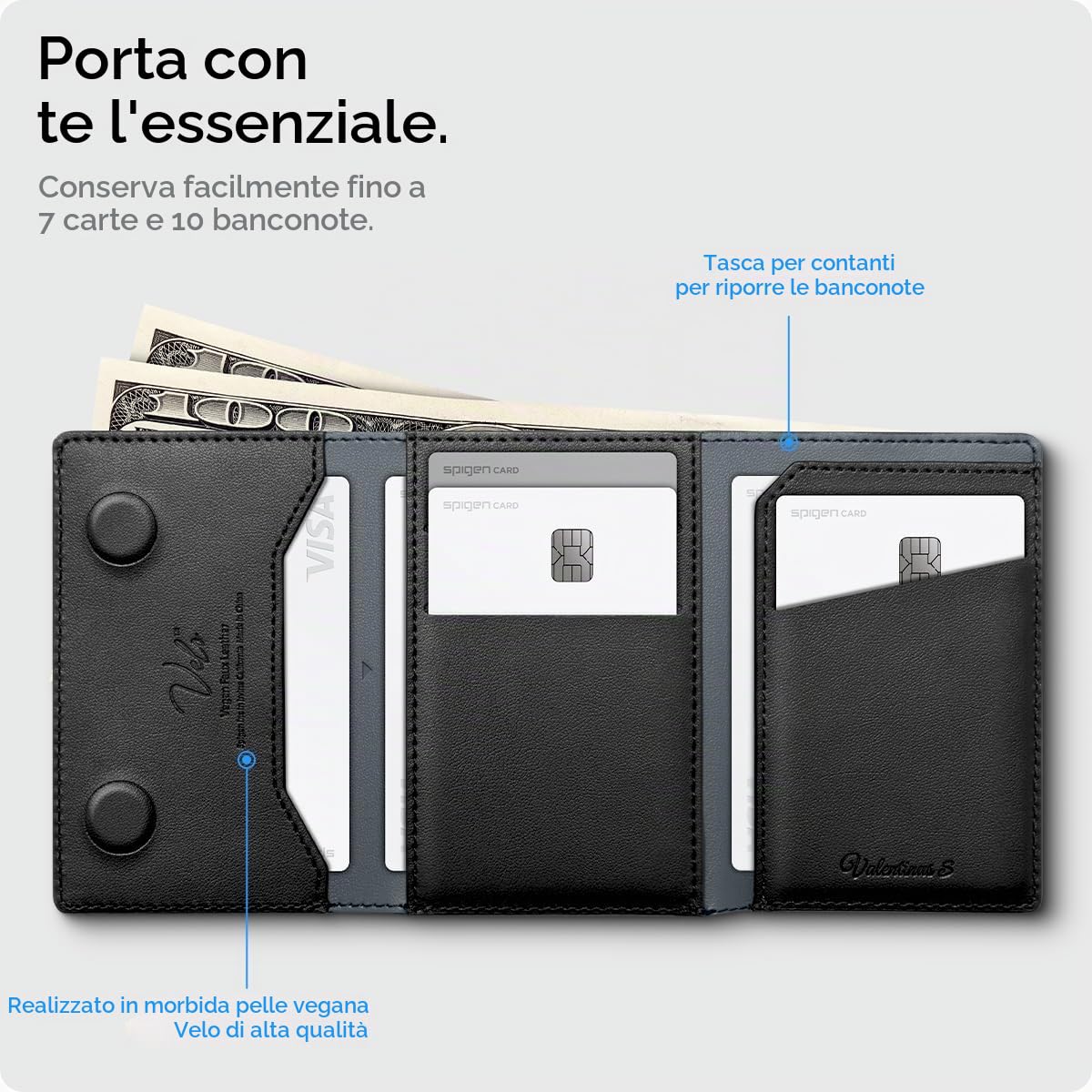 Spigen Valentinus S MagFit Portafoglio MagSafe Wallet Magnetico Portacarte Compatibile con iPhone 17/16/15/14/13/12 Modelle, Portafoglio uomo, Accessori MagSafe - Nero