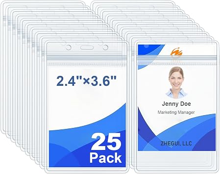 Vertical Badge Holder Clear Plastic Name Tag Holders Waterproof Resealable Zip ID Card Holder for Nurses, Office and School, Fits ID Card/Credit Card/Student Card by ZHEGUI 25 Pack, Vertical 2.4x3.6