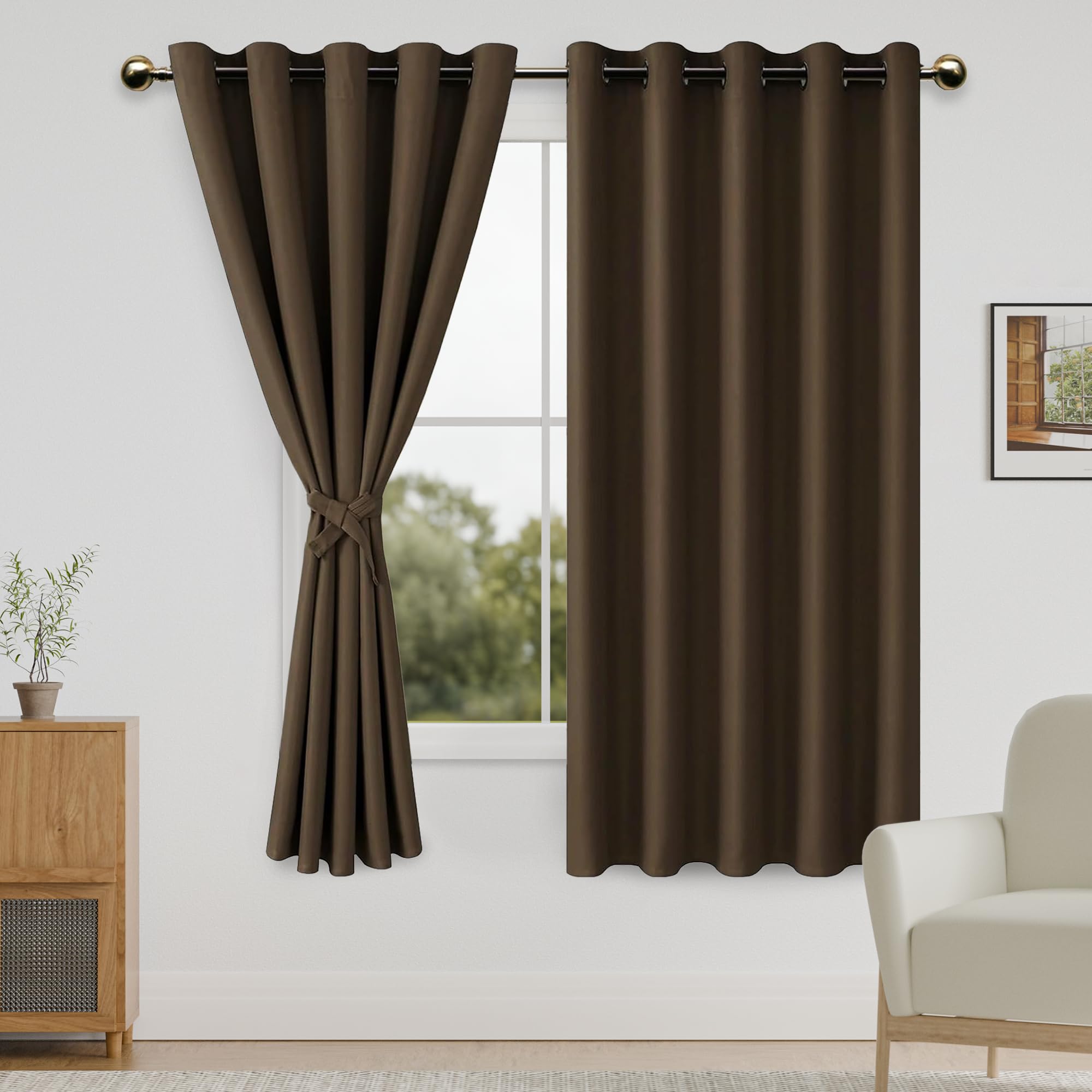 DWCN Blackout Curtains for Bedroom with Tie Backs, Room Darkening, Privacy Protection, Window Curtains for Living Room, 152.4 x 160 cm Length, Brown, 2 Panels