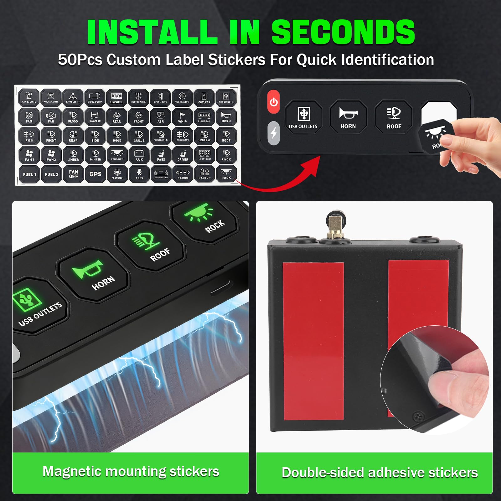 Chelhead Panel de conmutación inalámbrico de 4 marchas, panel de interruptor de una fila para vehículos con función estroboscópica de conmutación 12 V – 24 V, sistema de control de relé universal