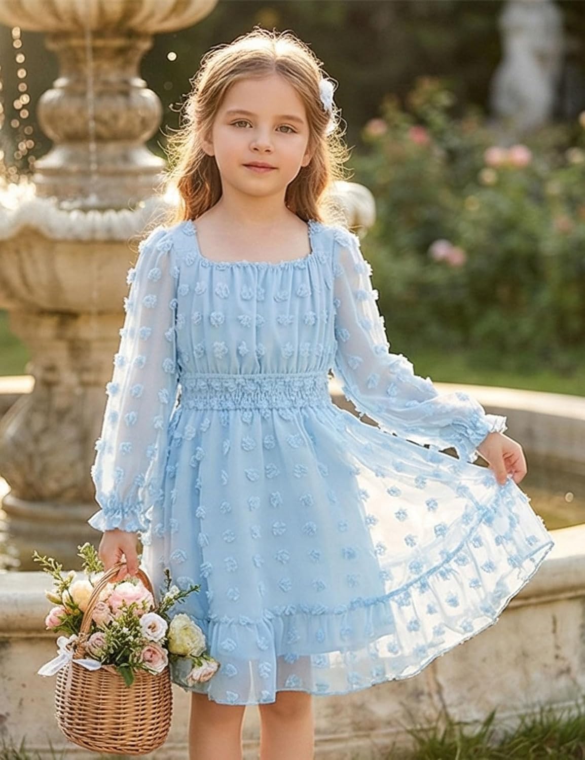Arshiner Girls Dresses Long Sleeve Square Neck Swiss Dot Flowy Casual Party Dress - Image 5