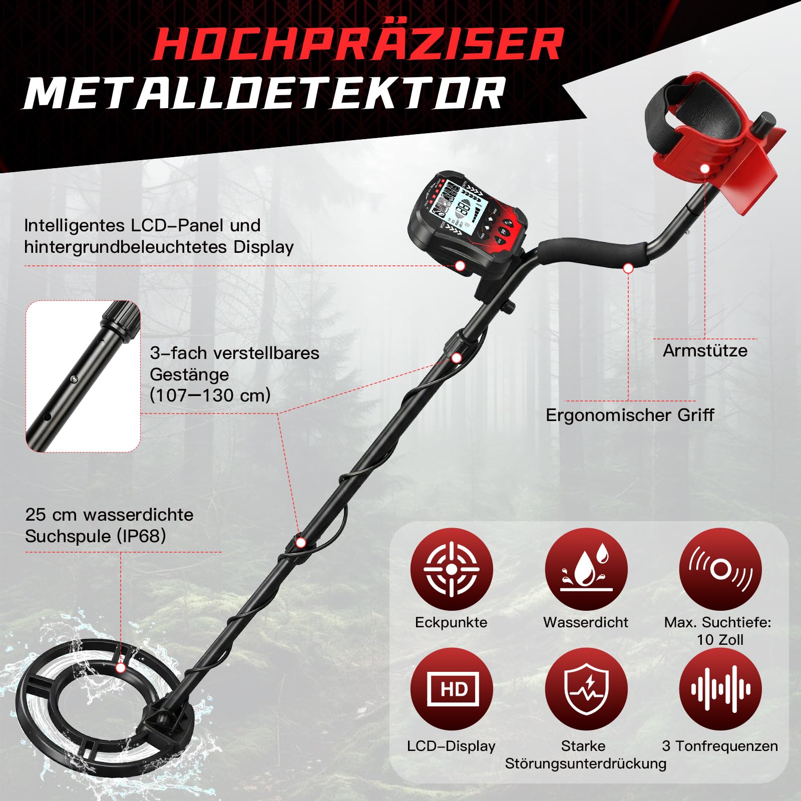 Metal Detector per Adulti Professionali, 5 Modalità ad Alta Precisione, Bobina Impermeabile 10in IP68 Lunghezza Regolabile 107-130 cm con Schermo LCD Ideale per Principianti e Esperti-rosso