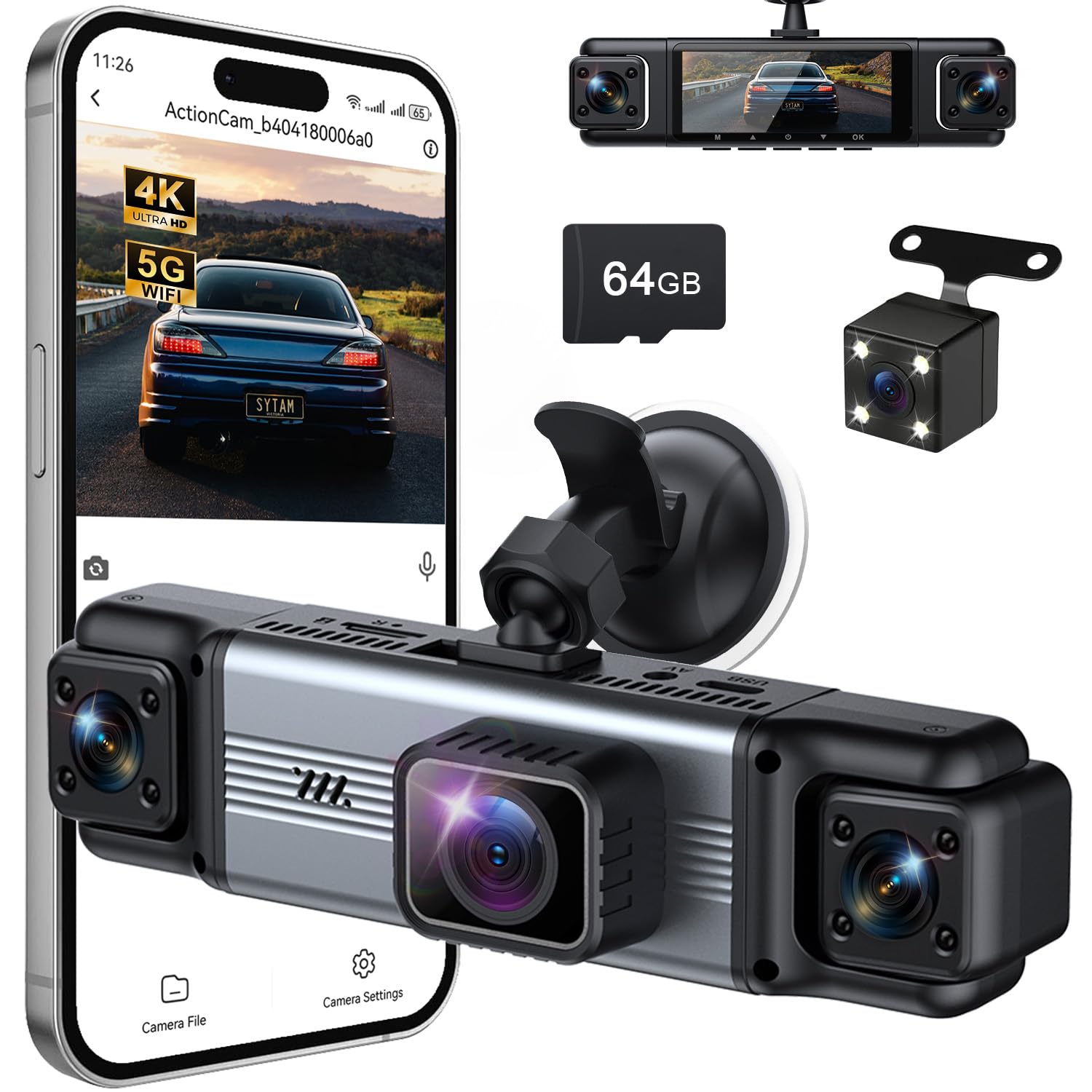 Photo 1 of 4 Channel 360° Dash Cam Front Rear Inside & Left Right 4K+1080P*3 FHD Car Camera, 5GHz WiFi & App Control 8 IR Lamps Night Vision 24H Parking Mode, G-Sensor, Loop Recording, Includes 64GB (Gunmetal)