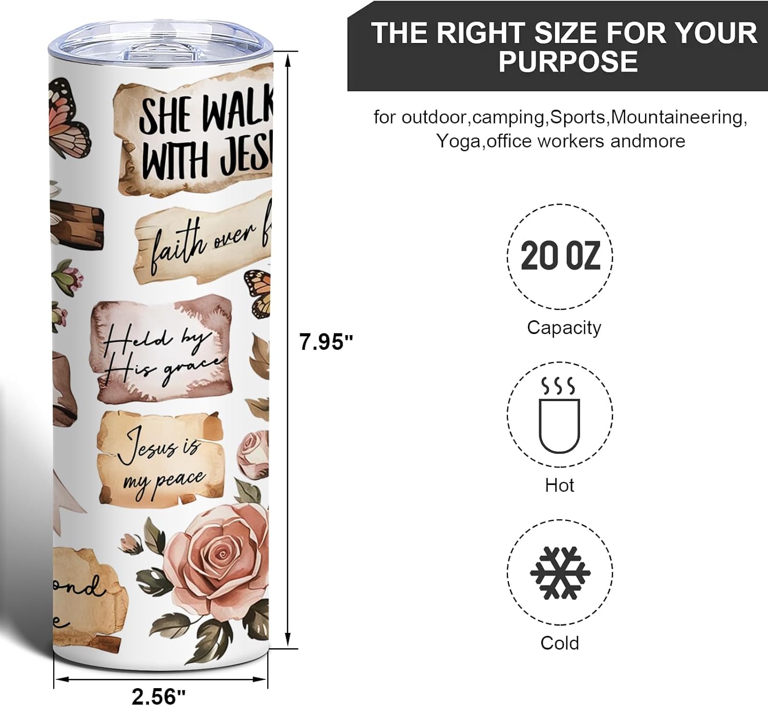 Boho Christian Skinny Tumbler, 20oz Stainless Steel Travel Mug with Floral Cross & Bible Verse, Faith-Based Inspirational Tumbler Gift for Women - Image 4