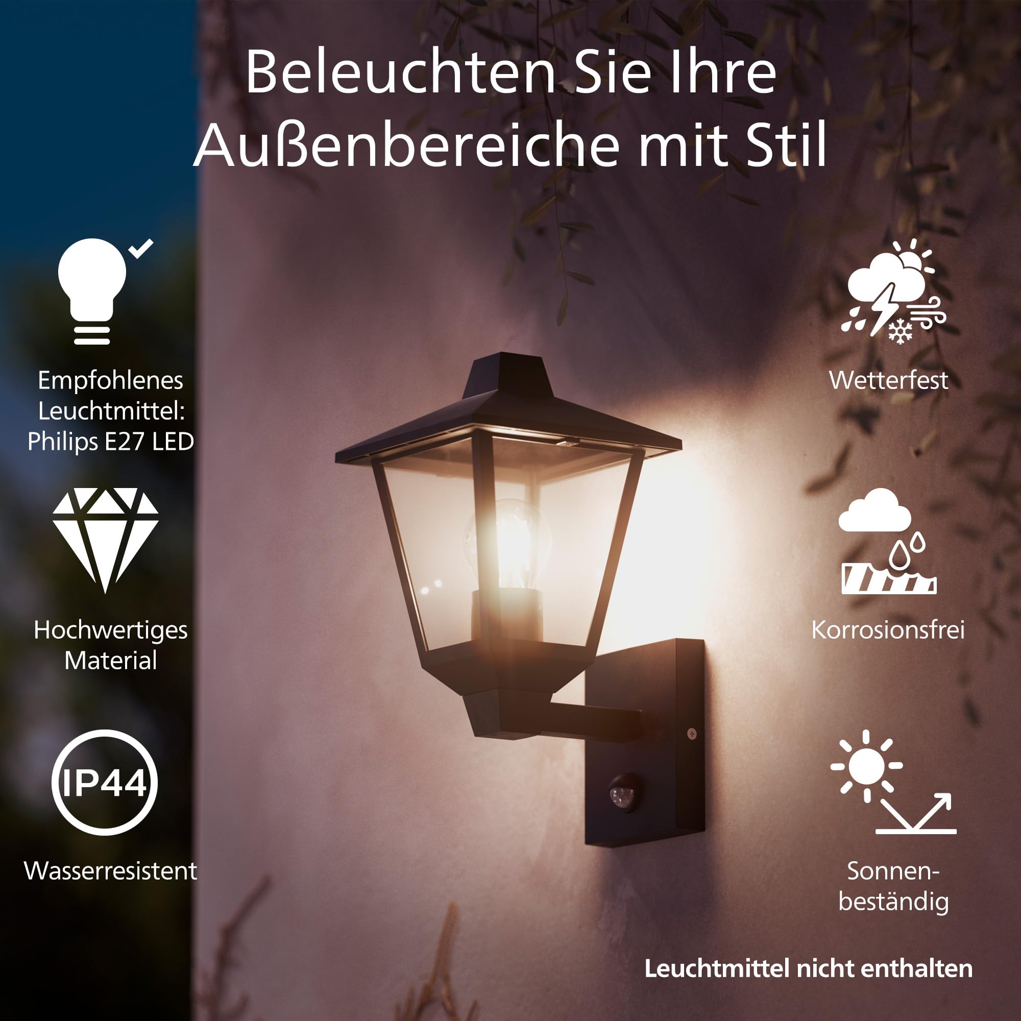 Philips Kinno Außenwandleuchte mit Sensor, Up-Light, Max. 25 Watt, E27-Fassung, Schwarz
