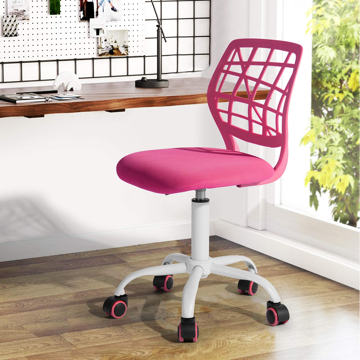 wOod-it Pink Computer Desk Chair for Girls Teen Kids Bedroom Small Rooms with Rolling Swivel for 4-12 Student Study, Height Adjustable