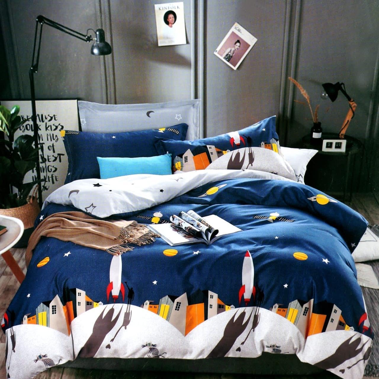Furnistitchs Kids Cartoon Prints Vibrant Elastic Fitted Bedsheets King Size Double Bed with 2 Pillow Covers 72x78 inches - Nursery Print Bedsheet (Blue Rocket) (B0D6WHBVRX) Amazon Price History, Amazon Price Tracker