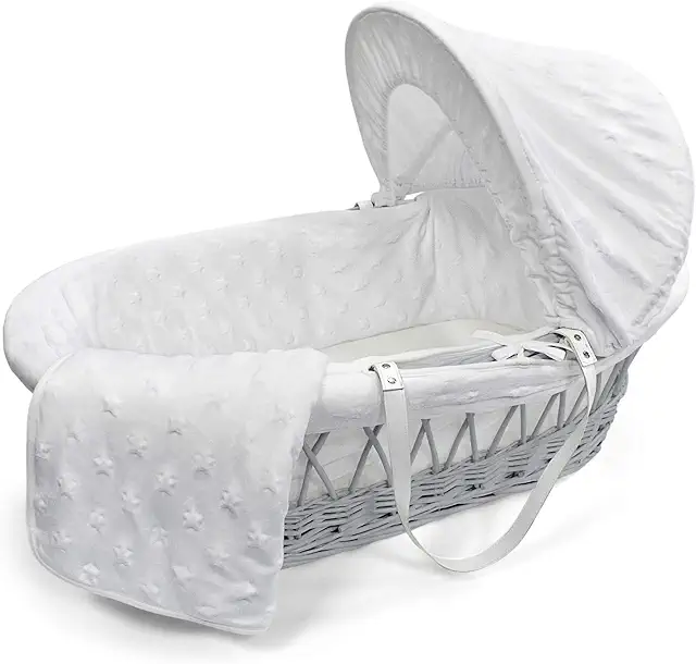 Couffin bébé en osier gris avec habillage étoile blanche - Parure de lit complète