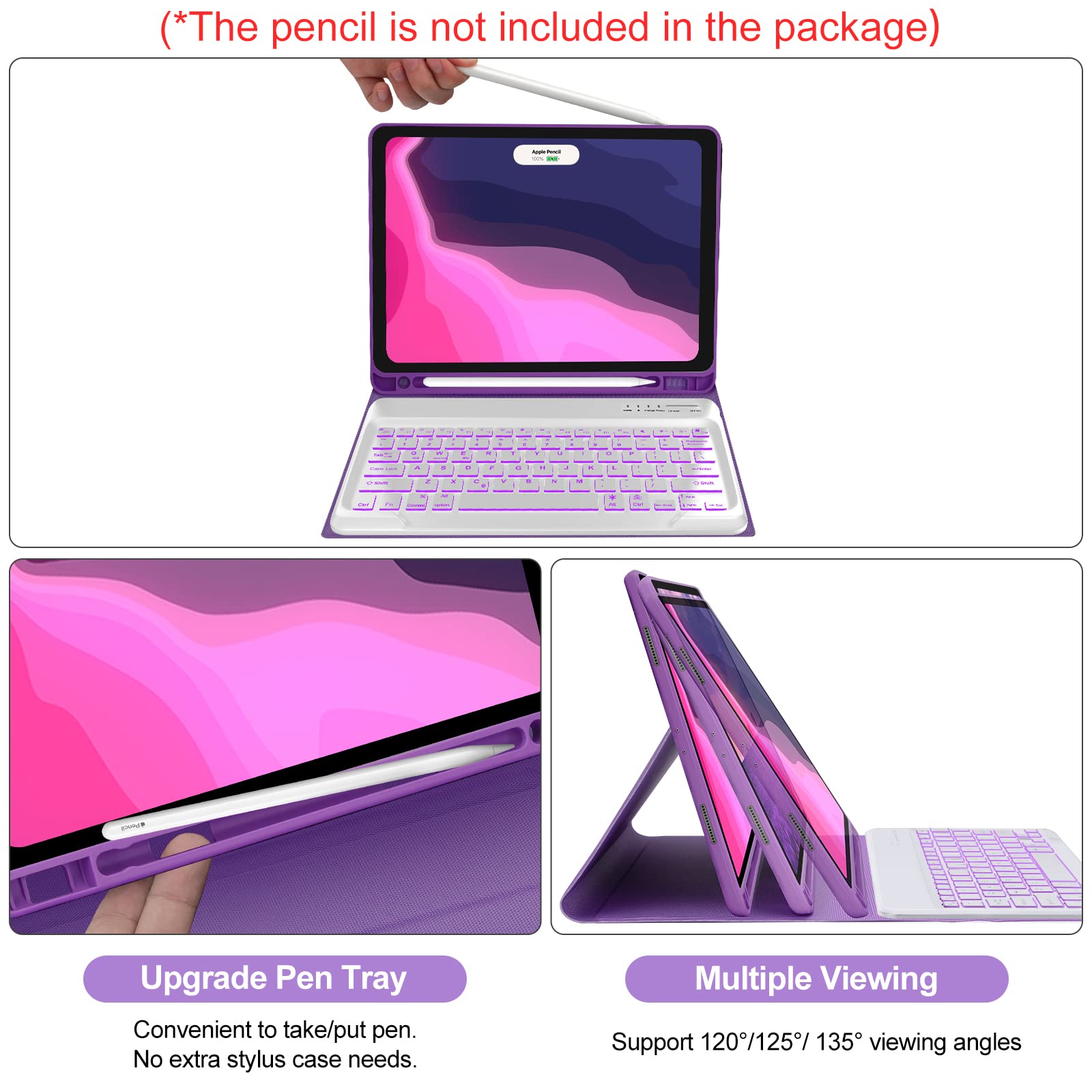 YEHOBU iPad Pro 12.9 Case with Keyboard, Keyboard for iPad Pro 12.9 inch 6th 2022 & 5th 2021 & 4th 2020 & 3rd 2018 Generation, Backlit Detachable Keyboard with Pencil Holder, Smart Folio Cover, Purple