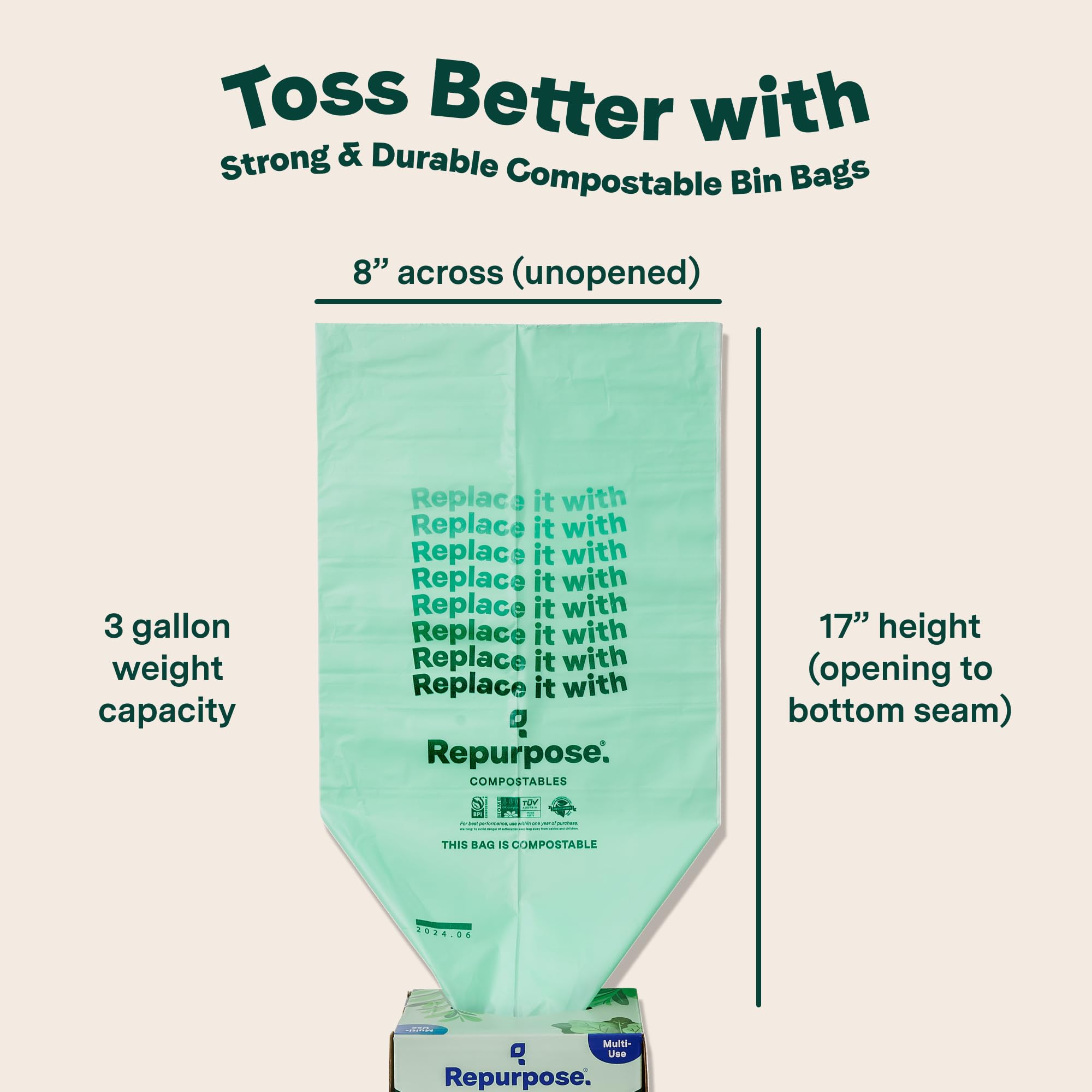 Repurpose Bolsas de basura compostables pequeñas de 3 galones, certificado BPI, 100 bolsas en total, 1 paquete