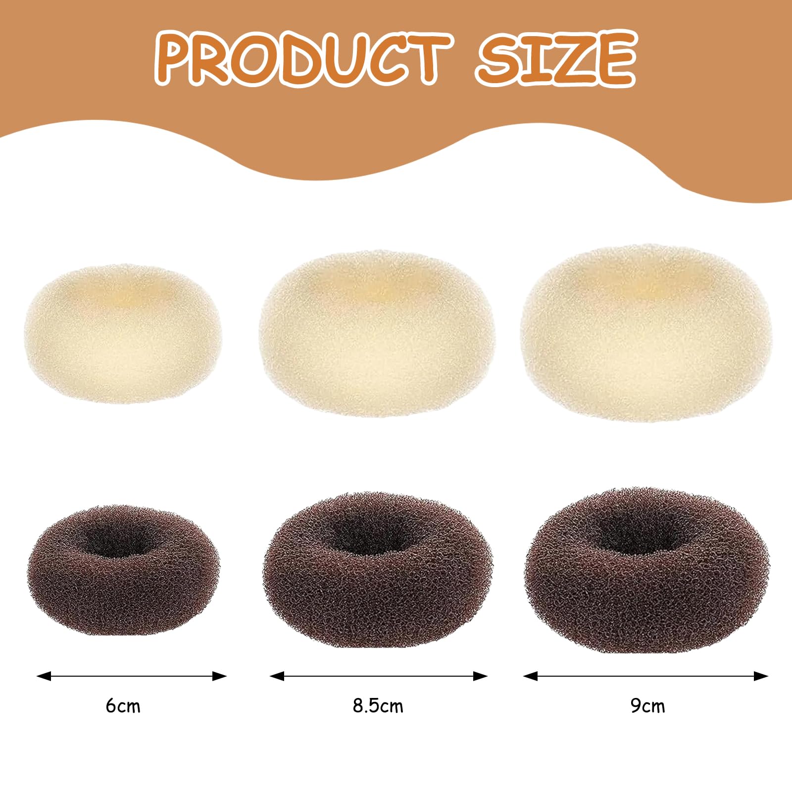 6 PCS Hair Bun Donut,Hair Donuts for Buns,3 Sizes of Hair Doughnuts for Buns,with 20 PCS Hair Pins and 5 Hair Ropes,for Dancers Ballet Girls (Dark Brown+Beige) - Image 2