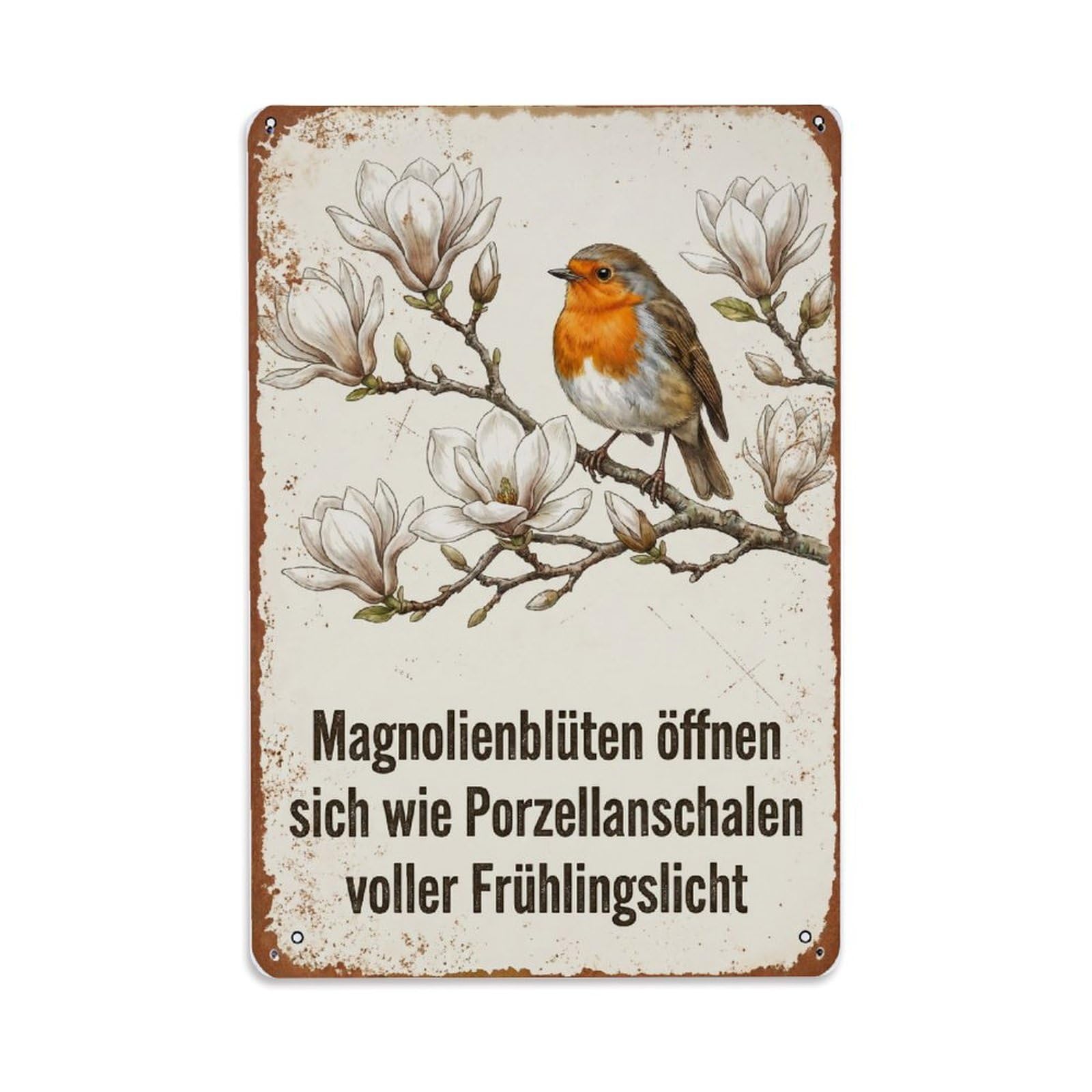 Fqnyr Style Robin Bird Garden Quote Magnolia Blossom Metal Tin Sign Plaque Wall Decor For Cafe, Club Bar, Office, Home Garden Metal Poster 8X12inch
