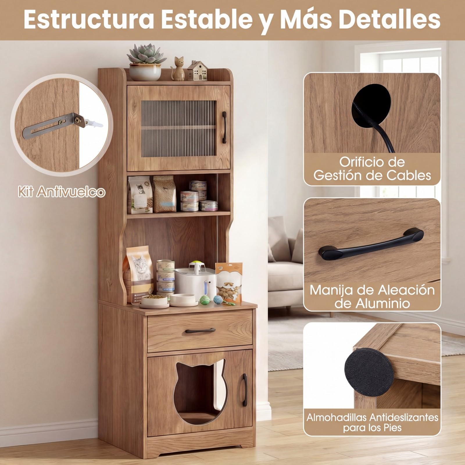 COSTWAY Mueble Arenero Gatos Alto con Luz LED, Armario Arenero para Gatos con Estantes, Estación de Carga, Cajón, 20 Modos de Luz, Control Remoto, Mueble Auxiliar para Gato, 50x45x152 cm (Natural)